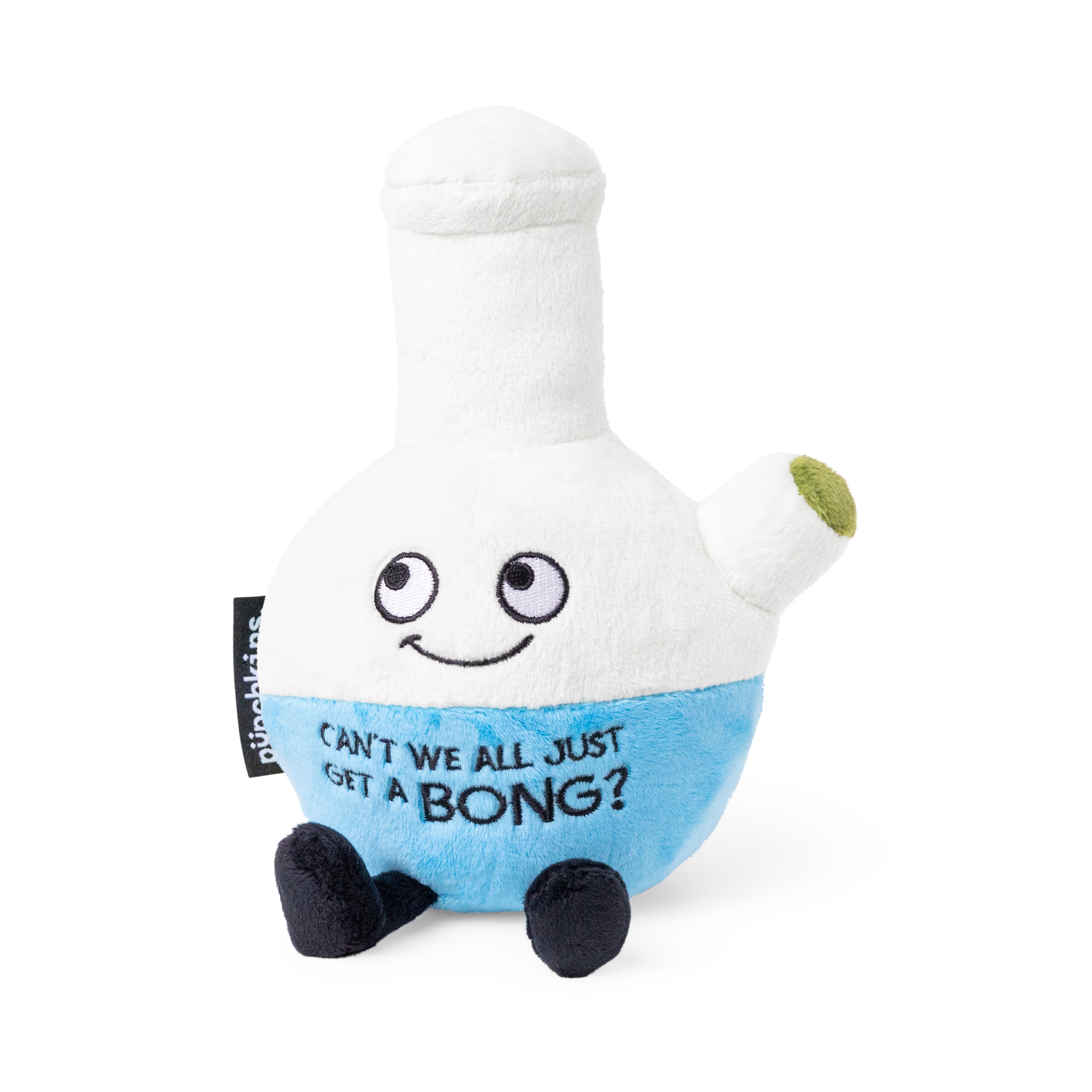 A bong plush featuring the phrase 'Can't we all just get a bong' printed on it.