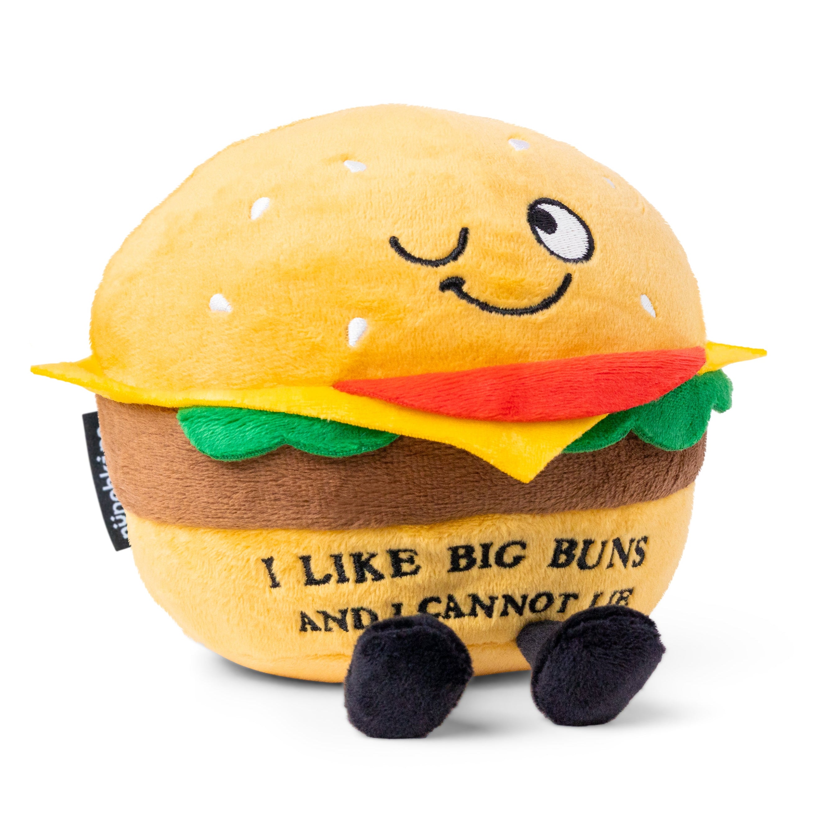 A plush cheeseburger with a smiling face and the phrase 'I LIKE BIG BUNS AND I CANNOT LIE' printed on it.