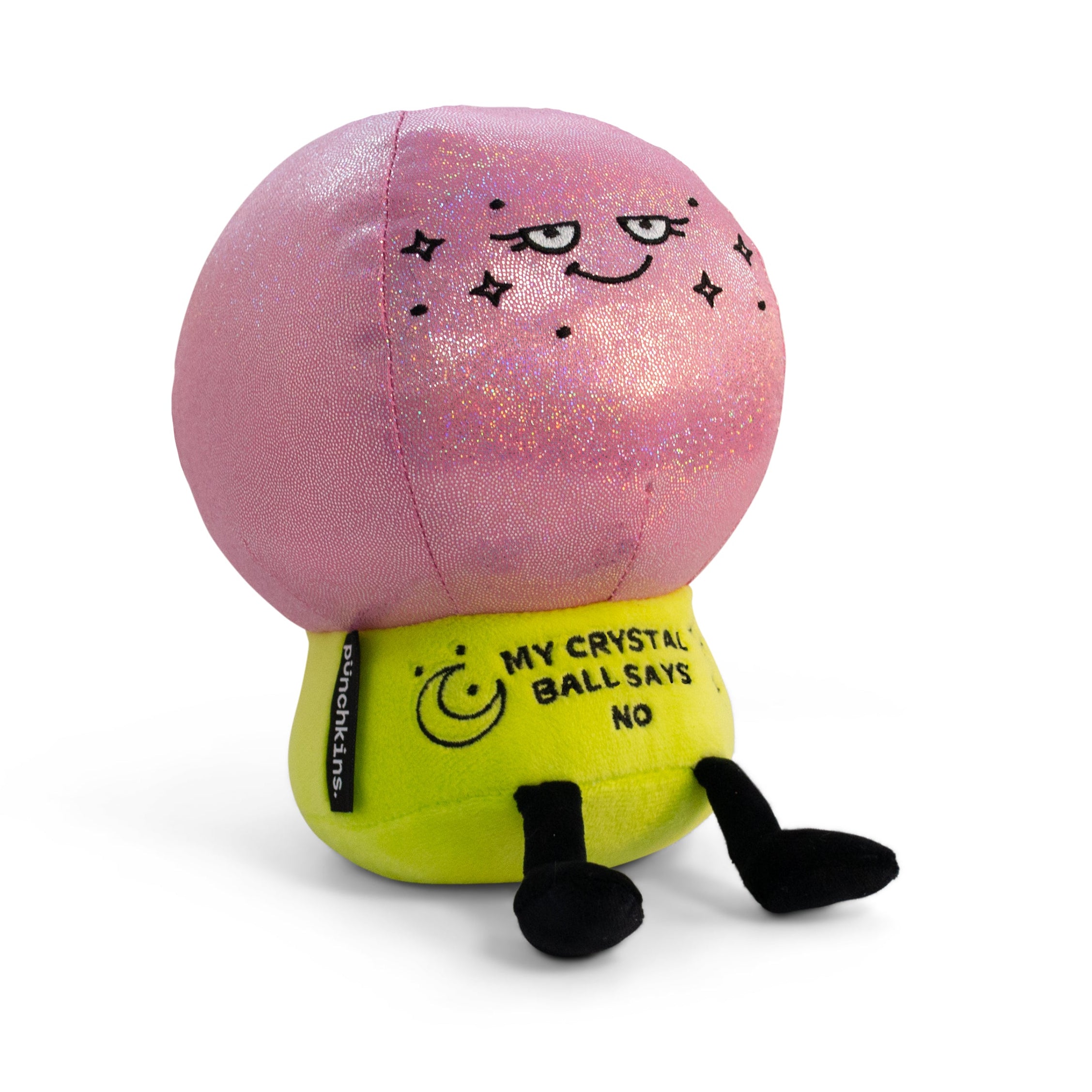 A plush resembling a crystal ball with a pink sparkly top and a yellow base, featuring a cute face with stars and text that reads 'MY CRYSTAL BALL SAYS NO'.