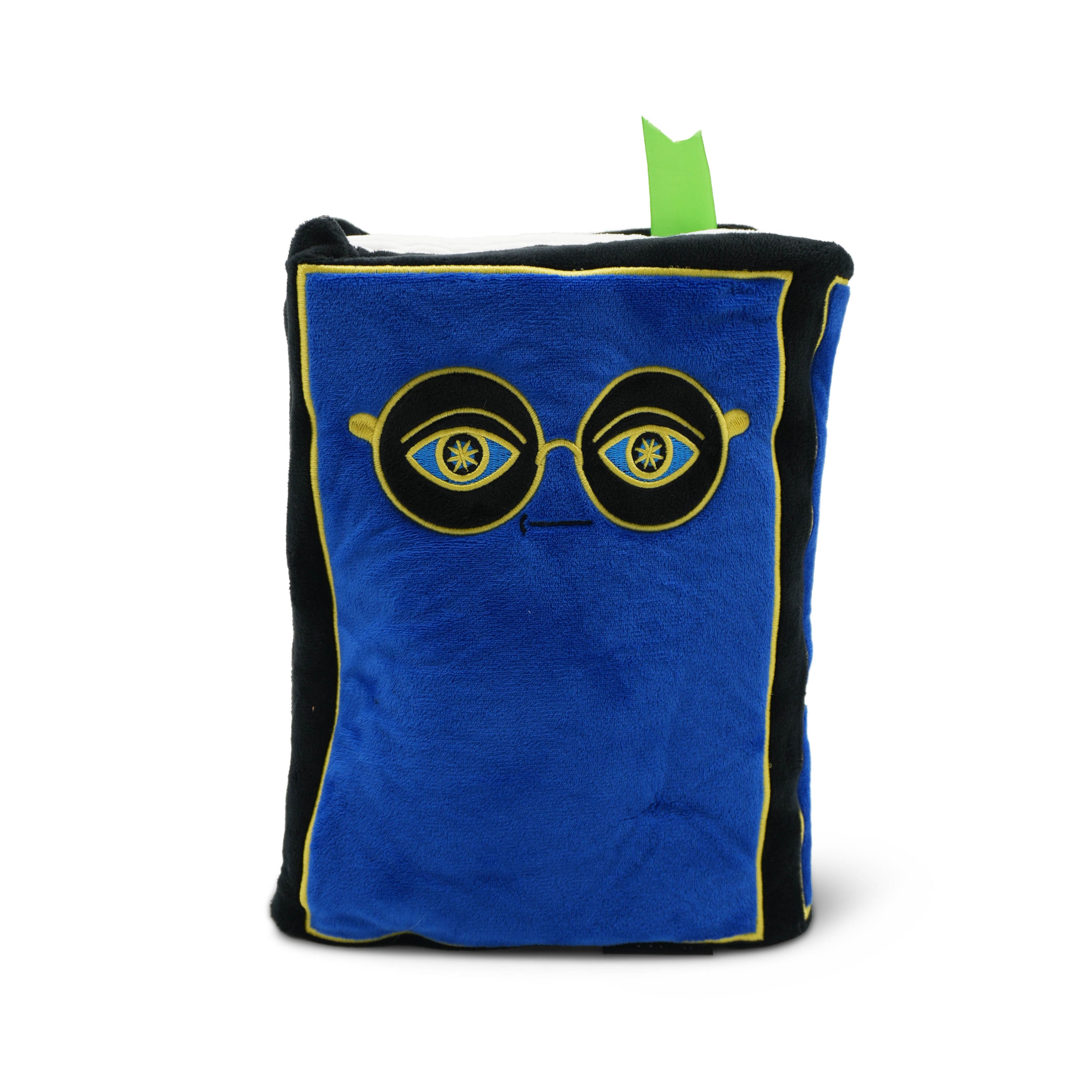 Book plush with a face resembling Doctor T.J. Eckleburg from the Great Gatsby on a white background