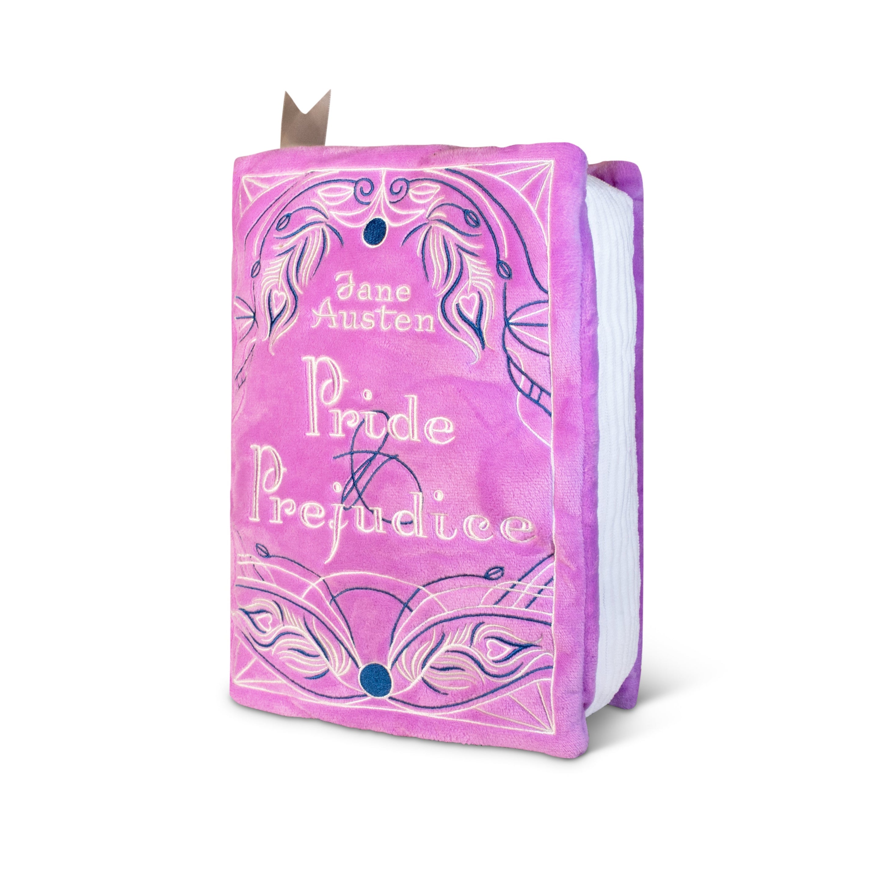A plush designed to resemble the book, 'Pride and Prejudice' by Jane Austen.