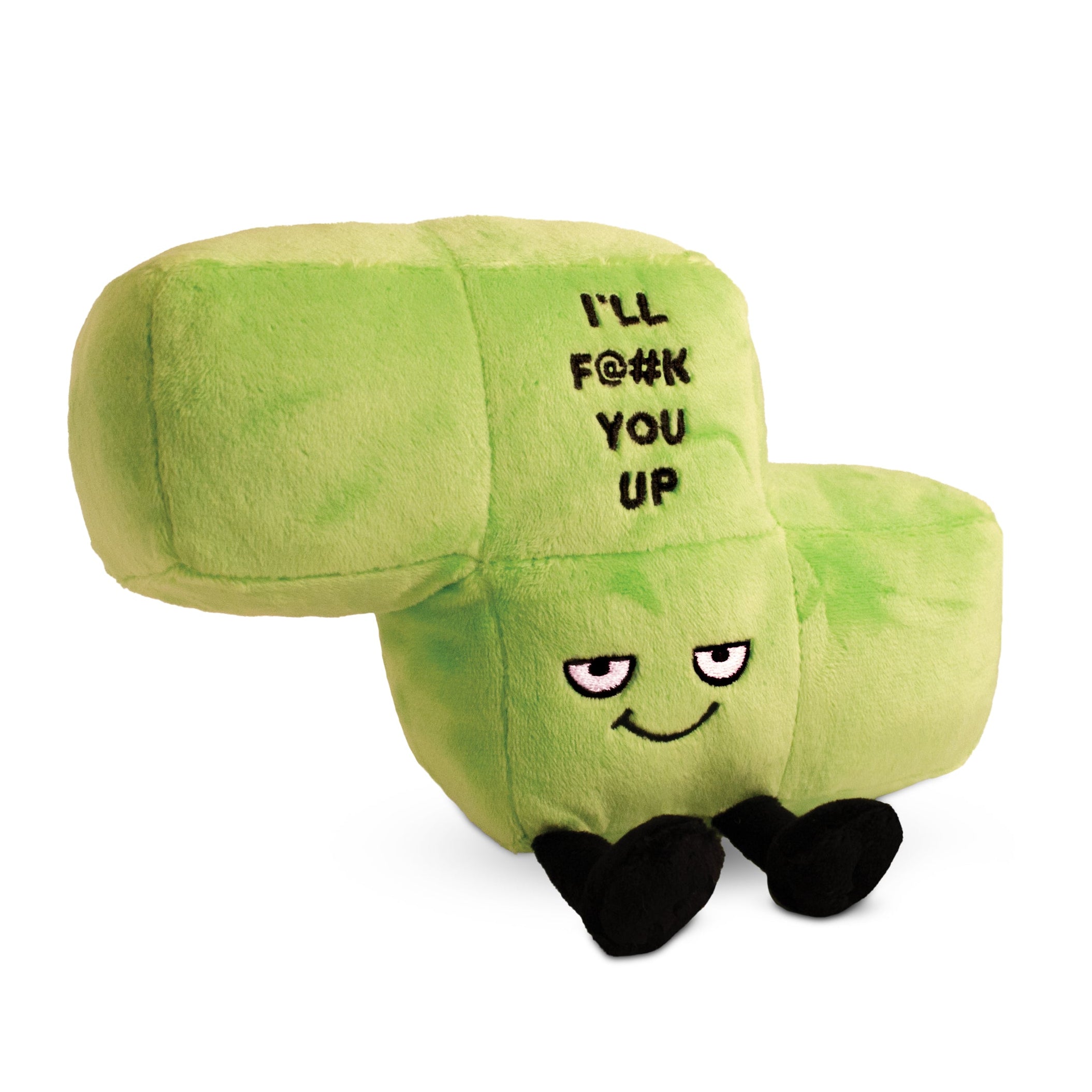 A plush designed to look like a green block with a mischievous expression and the phrase 'I'll F@#K you up' written on it.