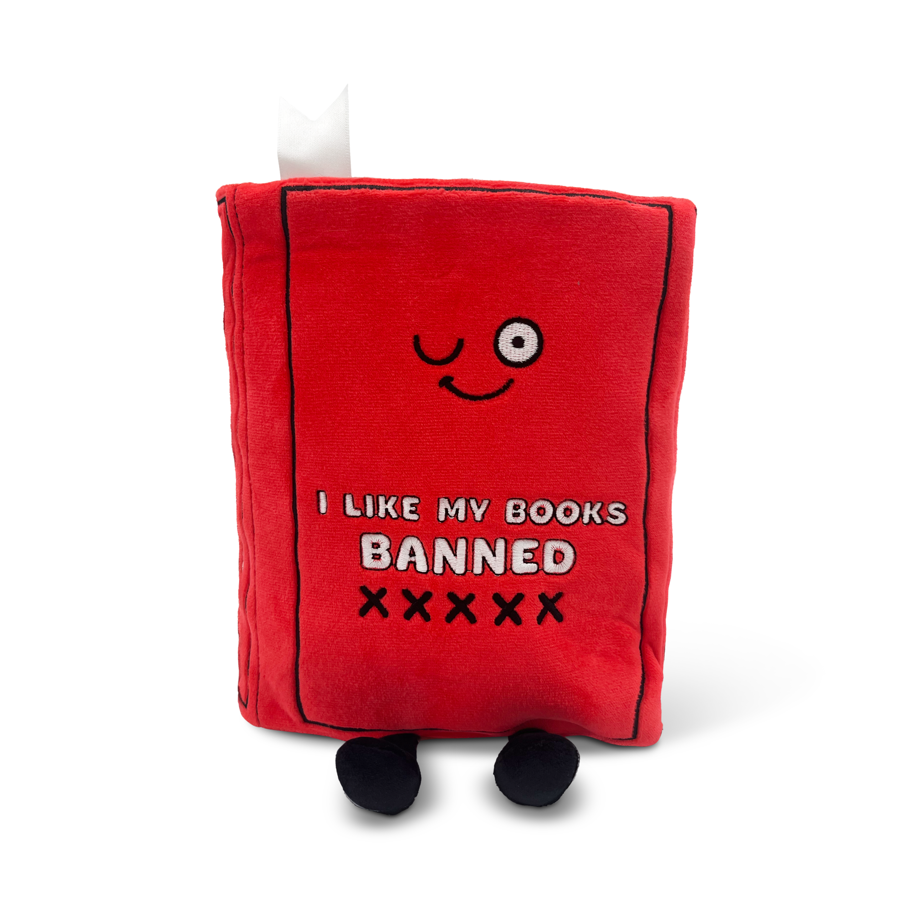 A red plush book with the text 'I LIKE MY BOOKS BANNED' on its cover.