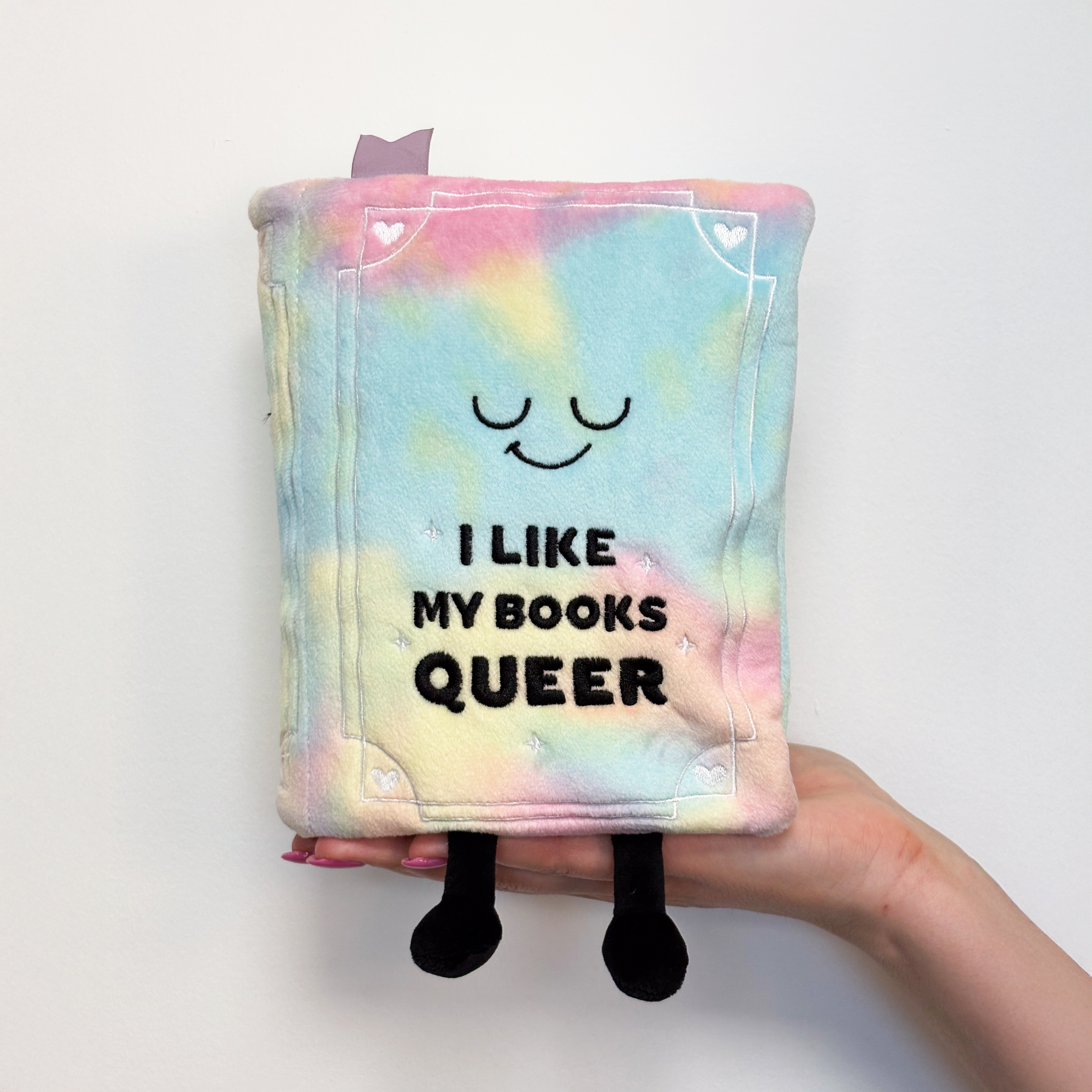 Hand holding a plush book with a colorful cover and the text 'I LIKE MY BOOKS QUEER' embroidered on it. 