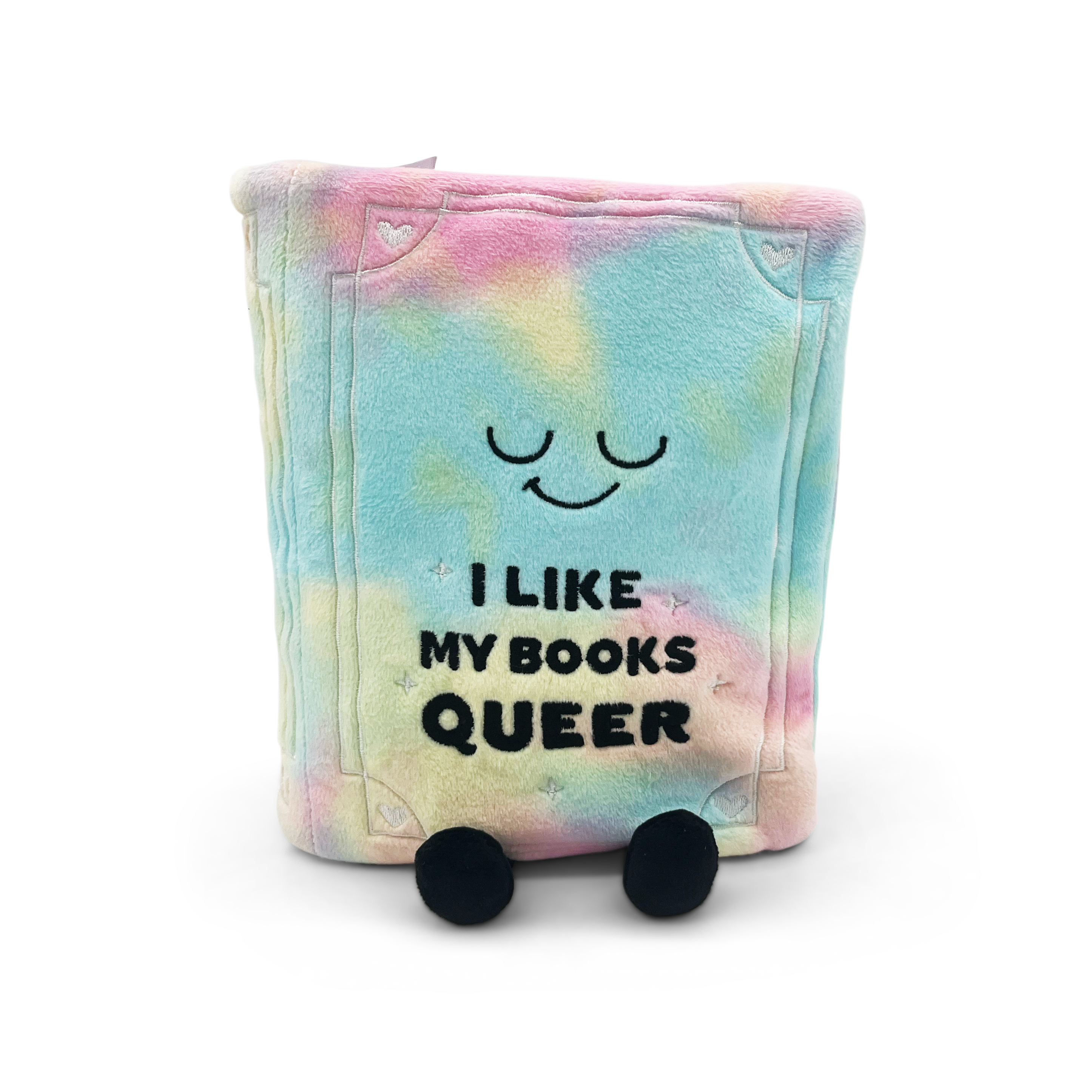 A plush book with a colorful cover and the text 'I LIKE MY BOOKS QUEER' embroidered on it. 