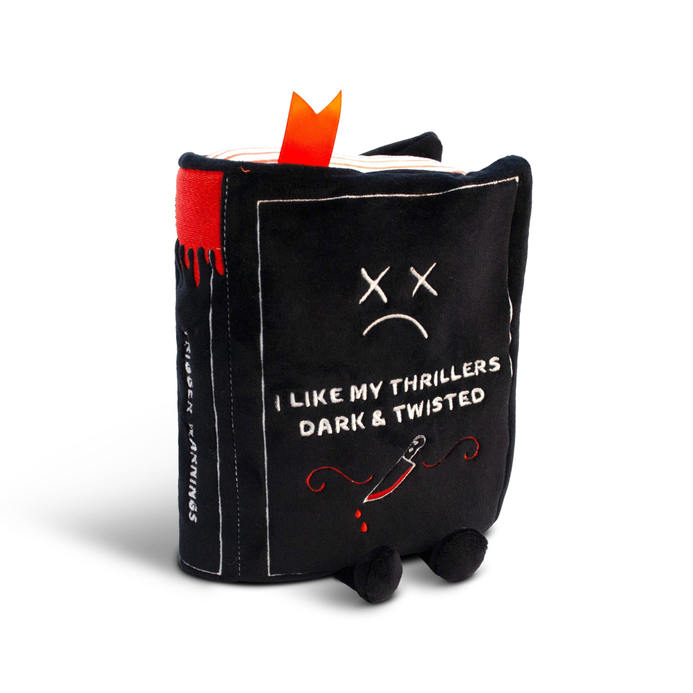 A plush designed to look like a book with the description 'I Like My Thrillers Dark & Twisted' on the cover, along with graphic elements such as a dead expression face and blood splatters.