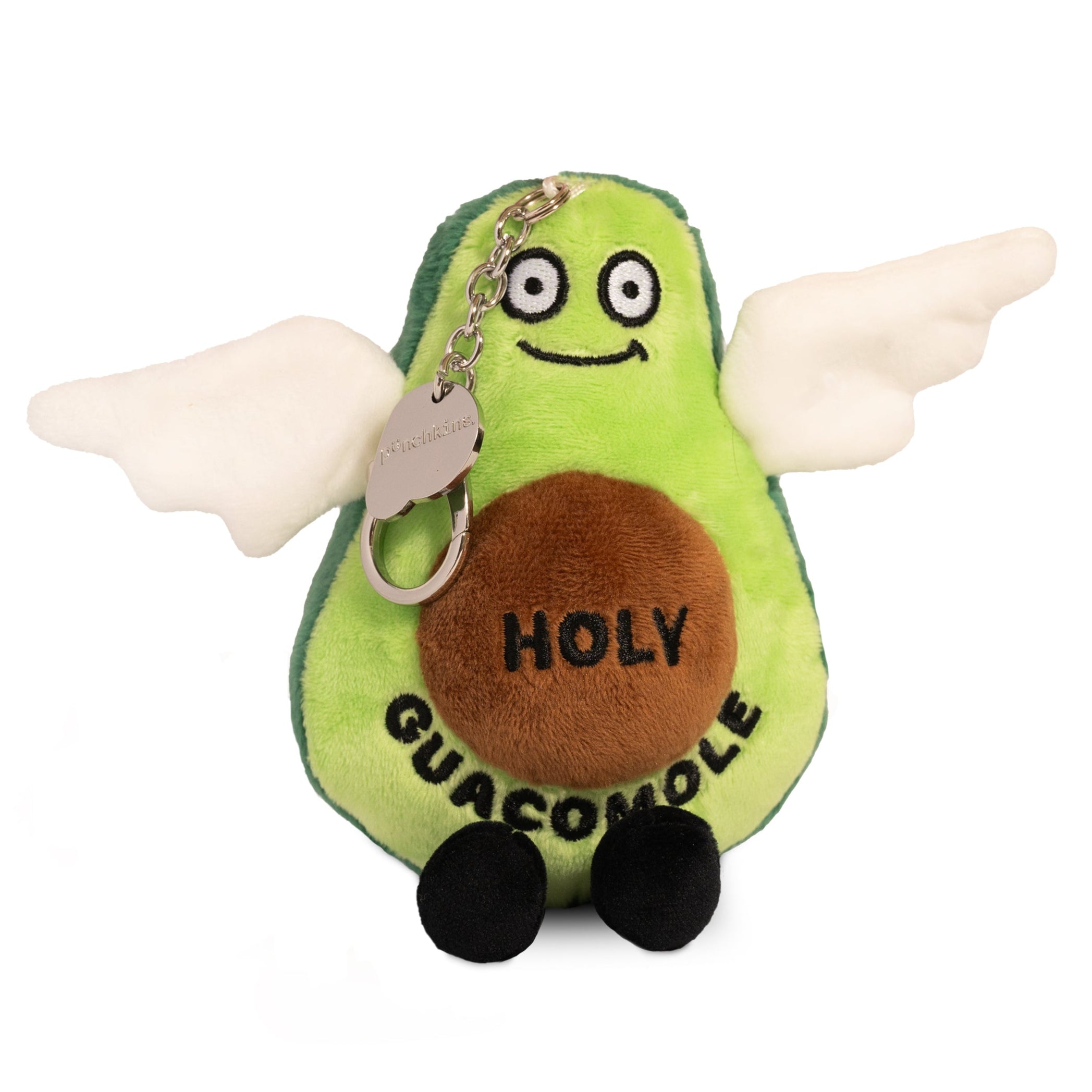 A plush bag charm shaped like an avocado with wings and legs, featuring a label with the text 'HOLY GUACOMOLE'.