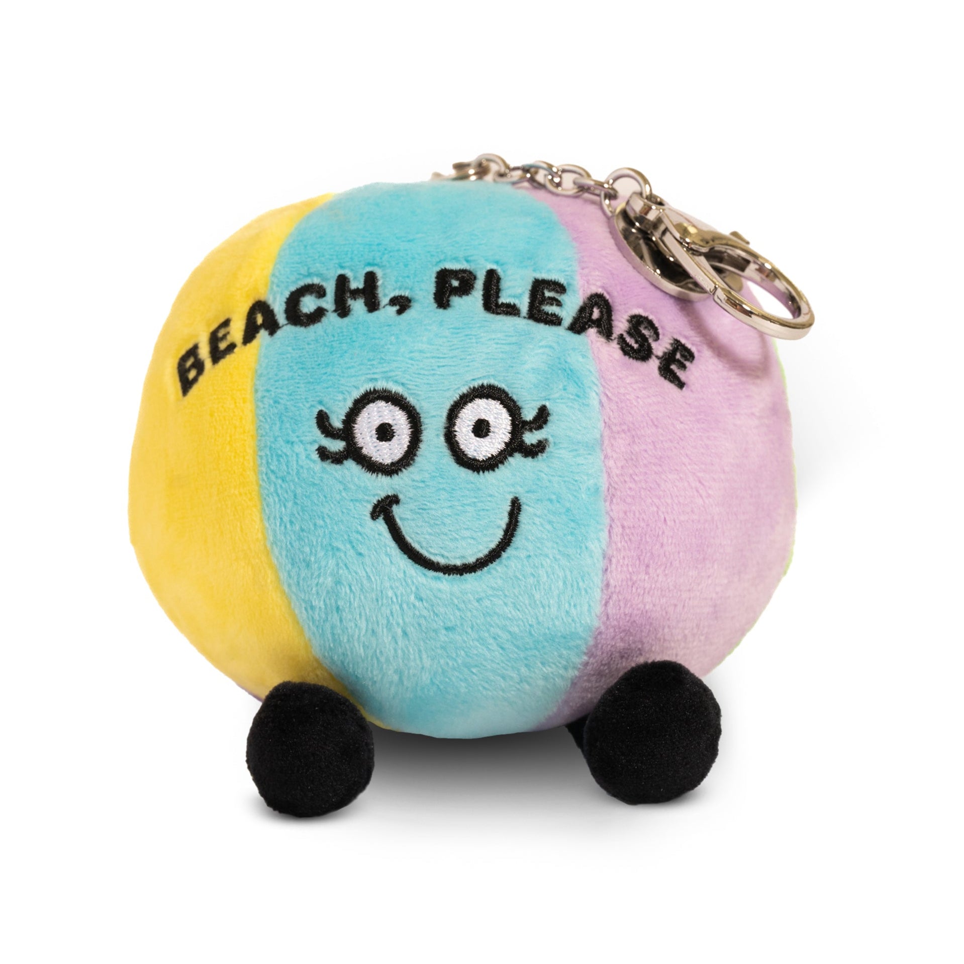 A colorful plush beach ball bag charm with a smiling face, eyes, and the text 'BEACH, PLEASE' on it.