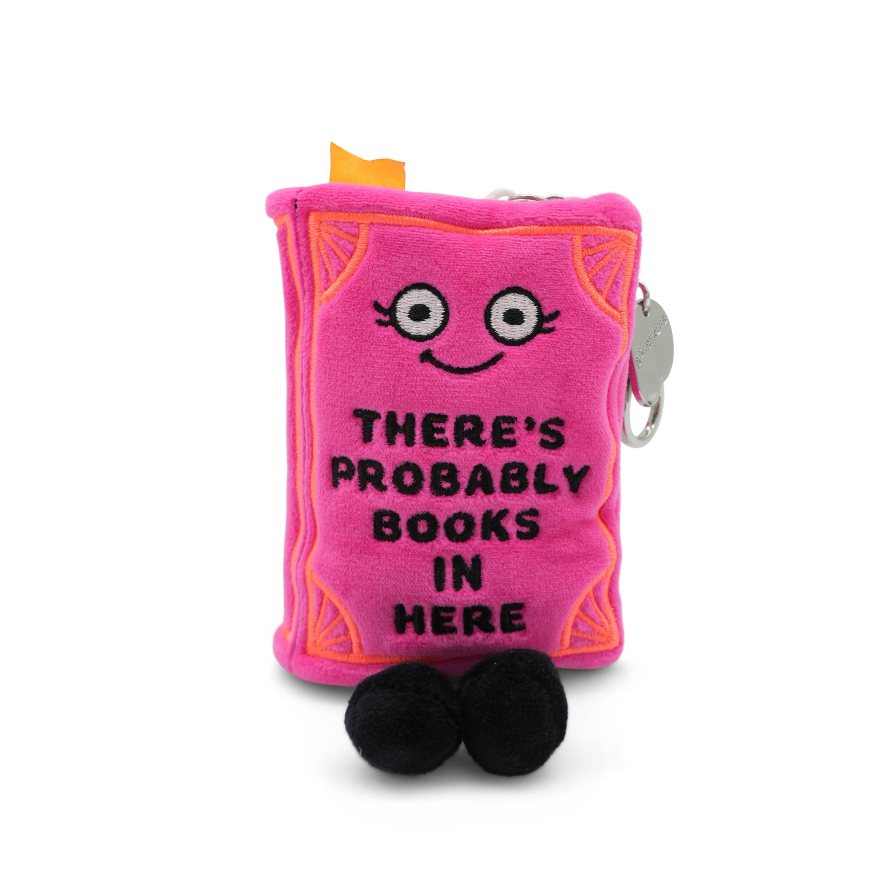 Pink plush toy book with a face and the phrase 'there's probably books in here' on a white background