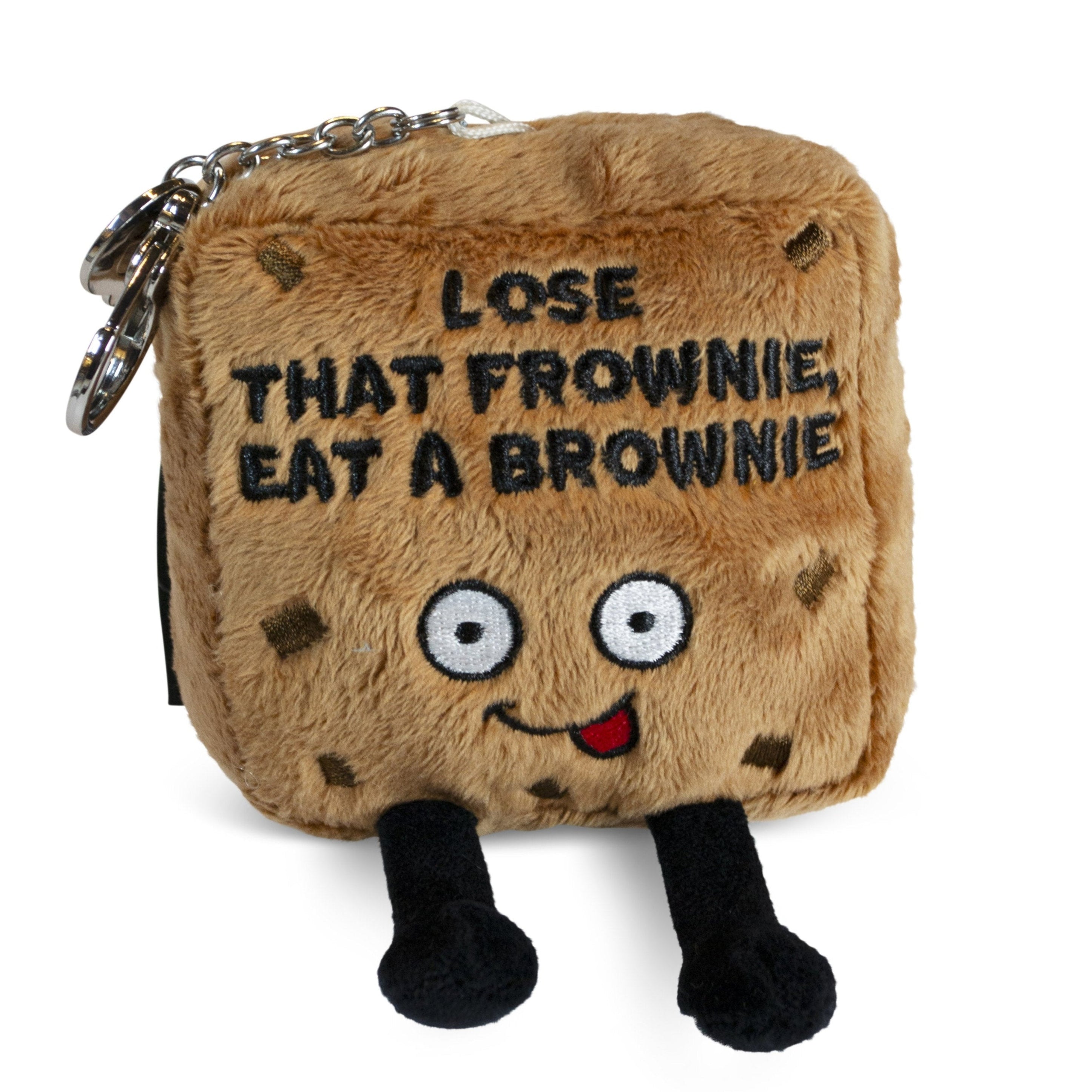 A plush brownie-shaped bag charm with facial features and text that reads 'LOSE THAT FROWNIE, EAT A BROWNIE'. It has dangling chocolate chip details and legs.