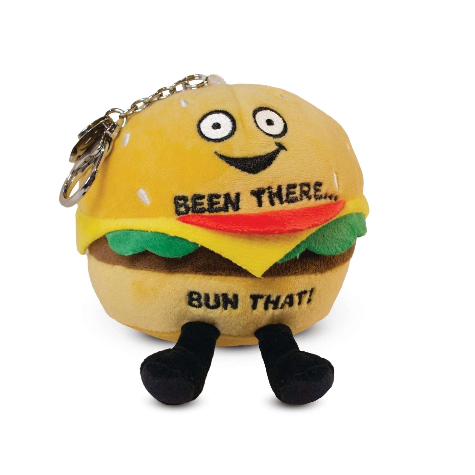 A plush bag charm shaped like a burger with a smiling face, cheese, and the text 'BEEN THERE, BUN THAT!' written on it.