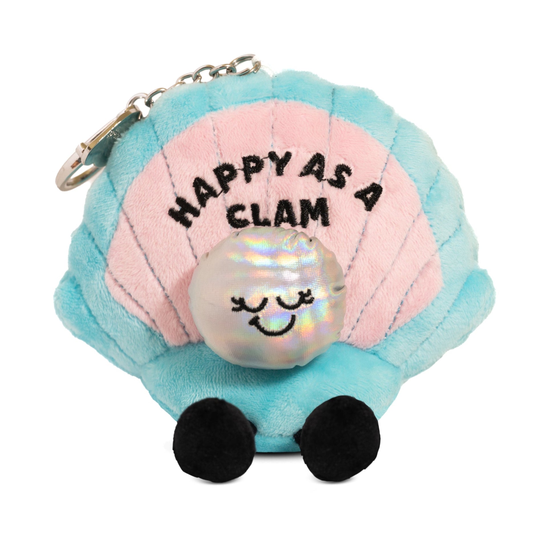 A plush charm designed to look like a clam, featuring a pearl accent and the text 'HAPPY AS A CLAM' on its shell.