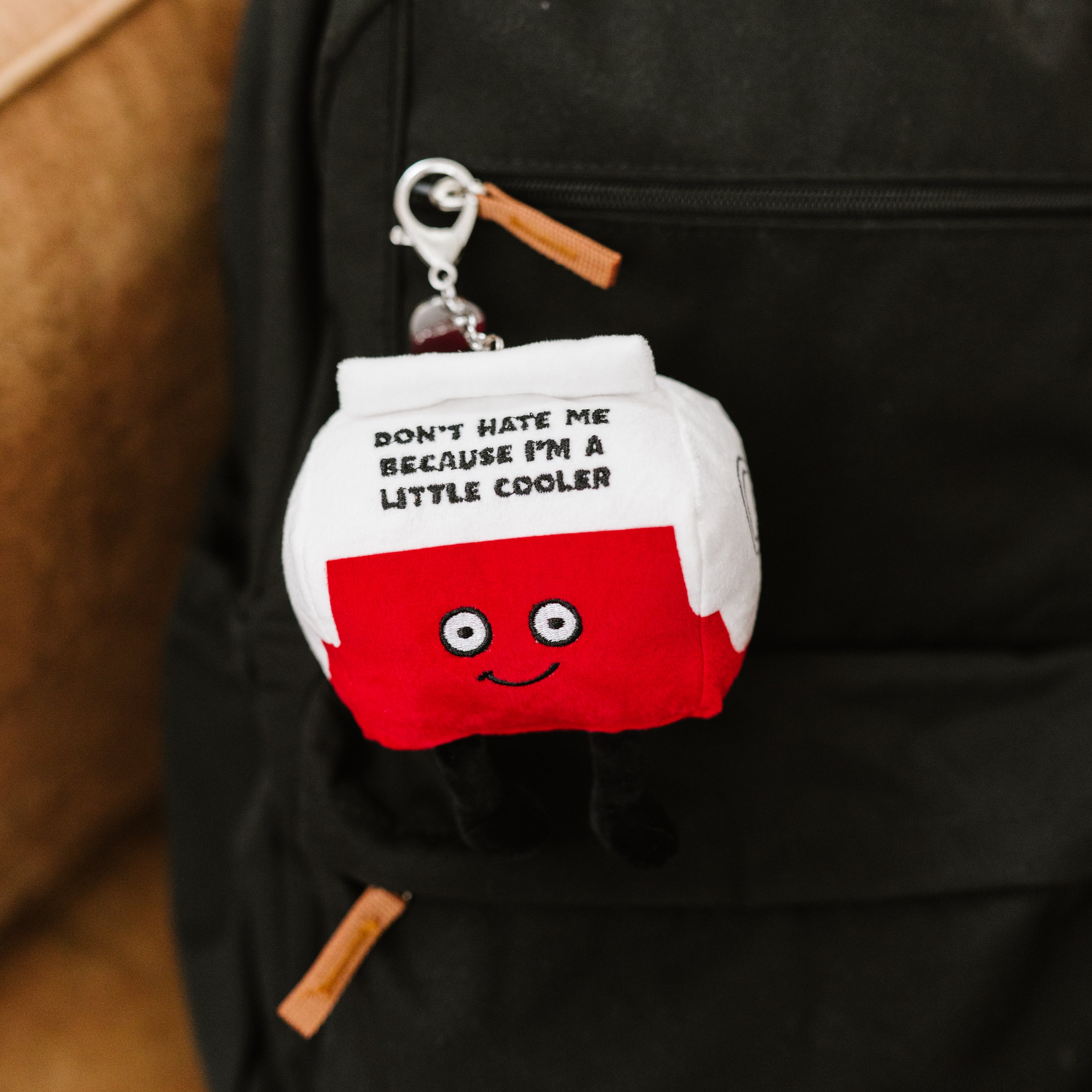A plush bag charm featuring the text 'DON'T HATE ME BECAUSE I'M A LITTLE COOLER' hanging off a backpack.