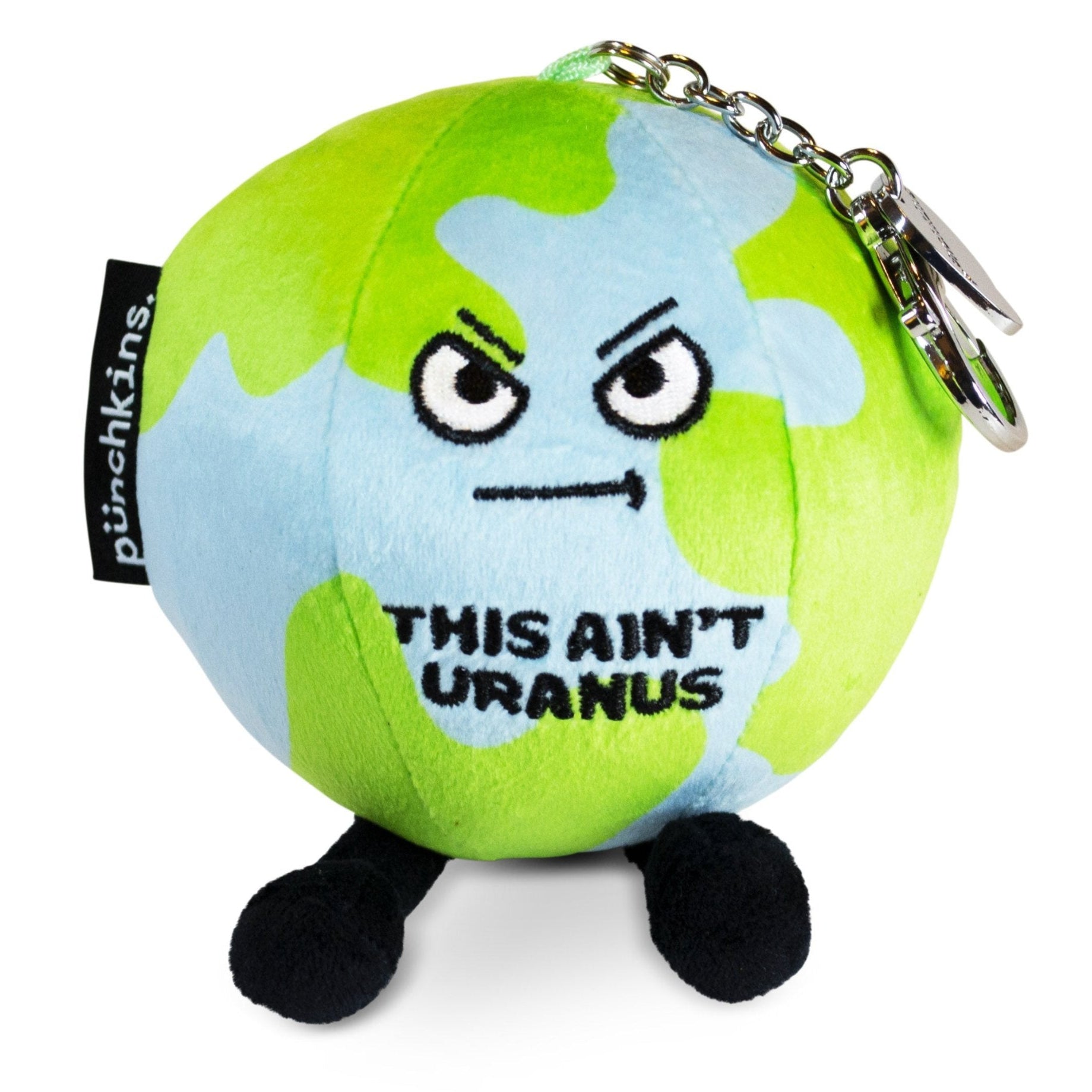A bag charm designed to resemble the Earth with the saying 'This ain't Earth' on it.  It features black dangly legs and a cranky face.