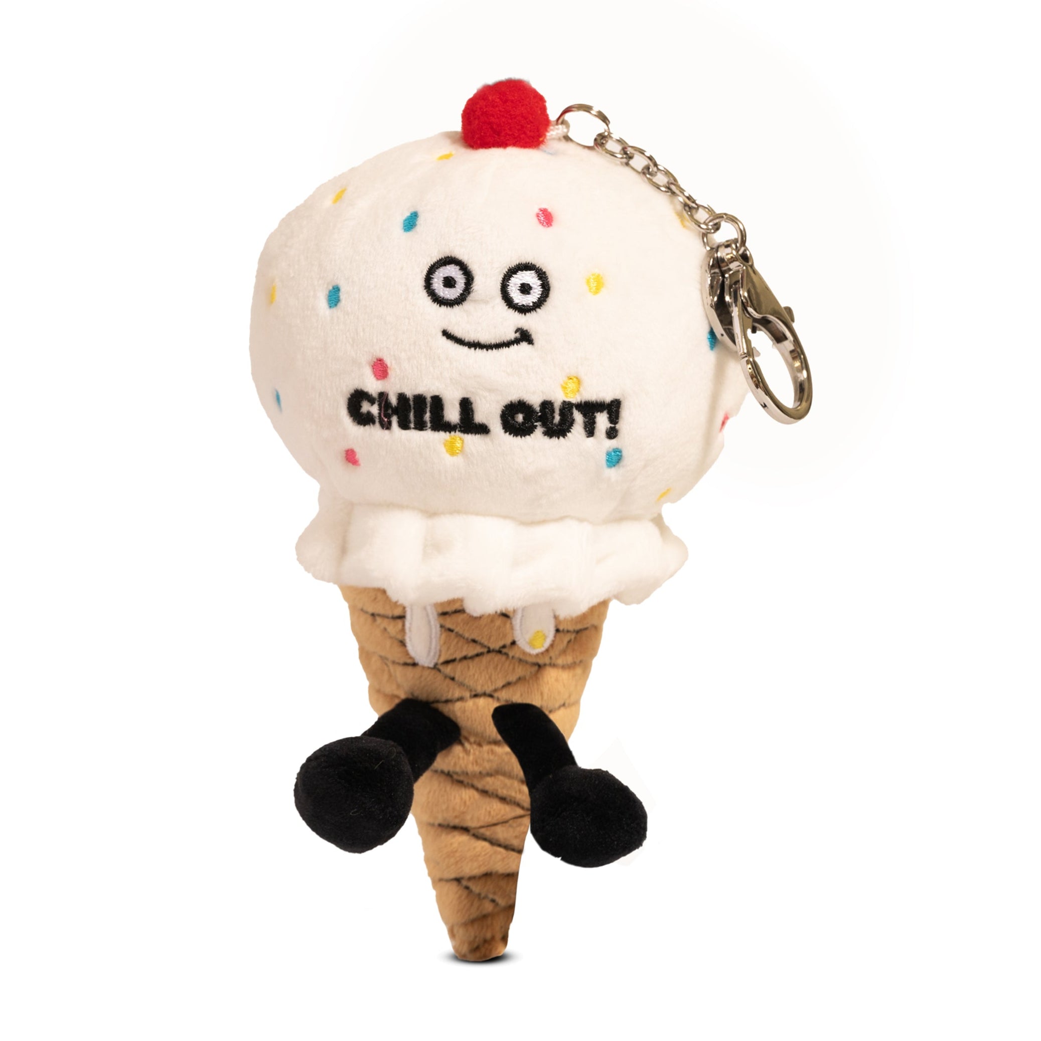 A plush shaped like an ice cream cone with a face, cherry on top, and sprinkles, with the text 'CHILL OUT!' written on it.