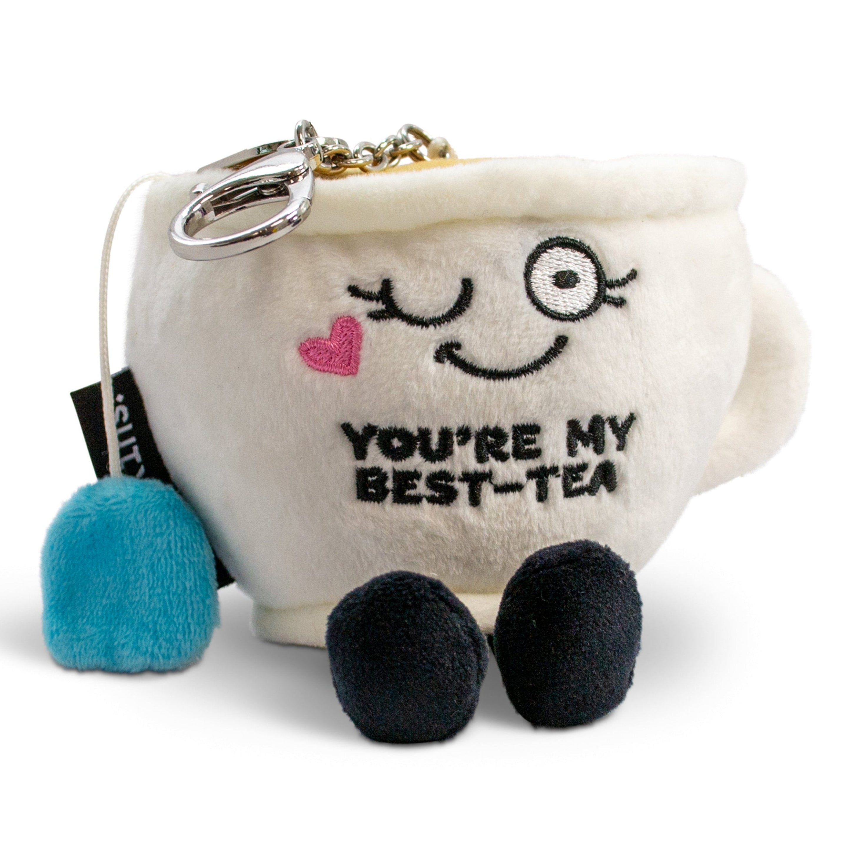 A plush teacup bag charm with a cute face and 'you're my best-tea' text embroidered on it.