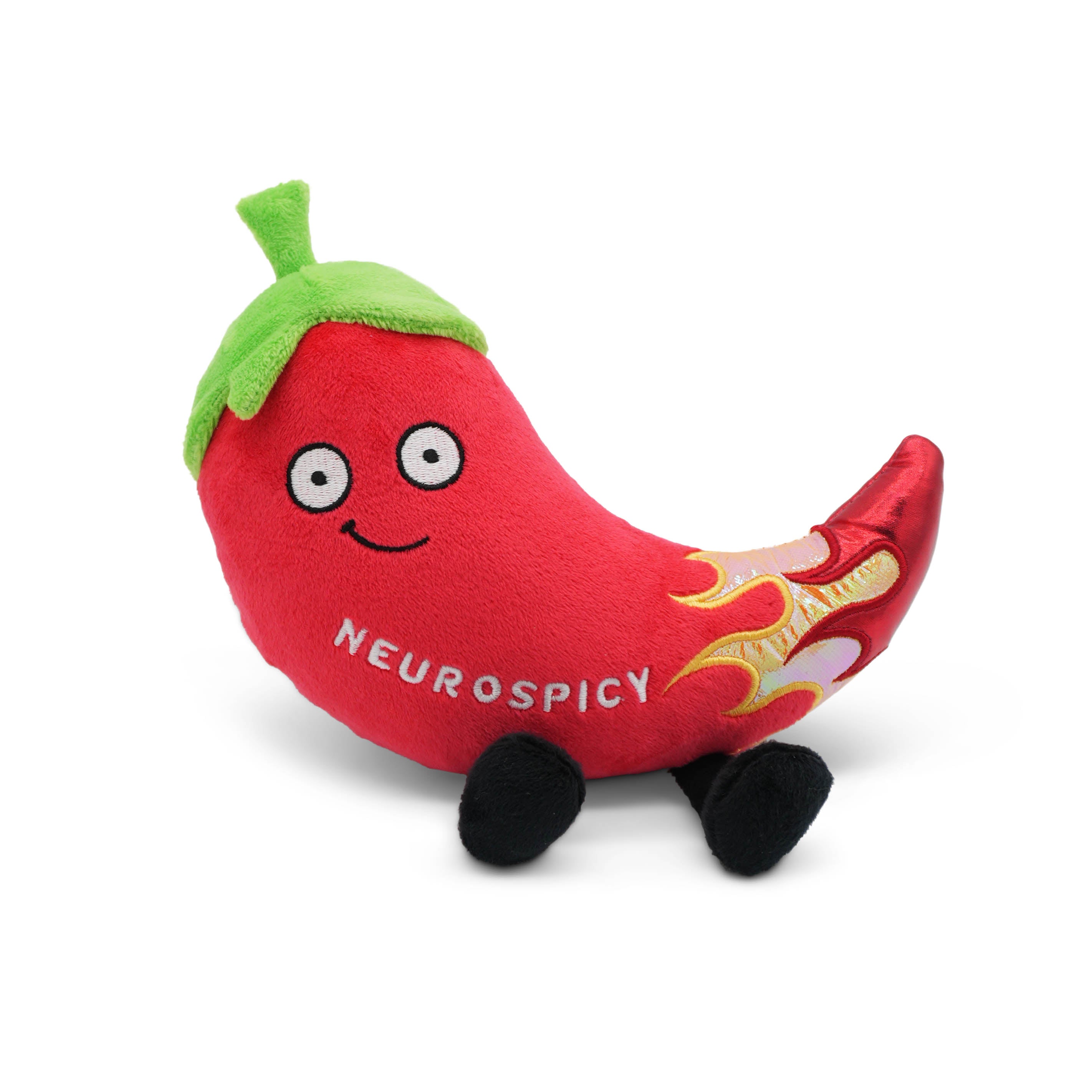 Plush toy shaped like a red chili pepper with 'Neurospicy' text on a white background