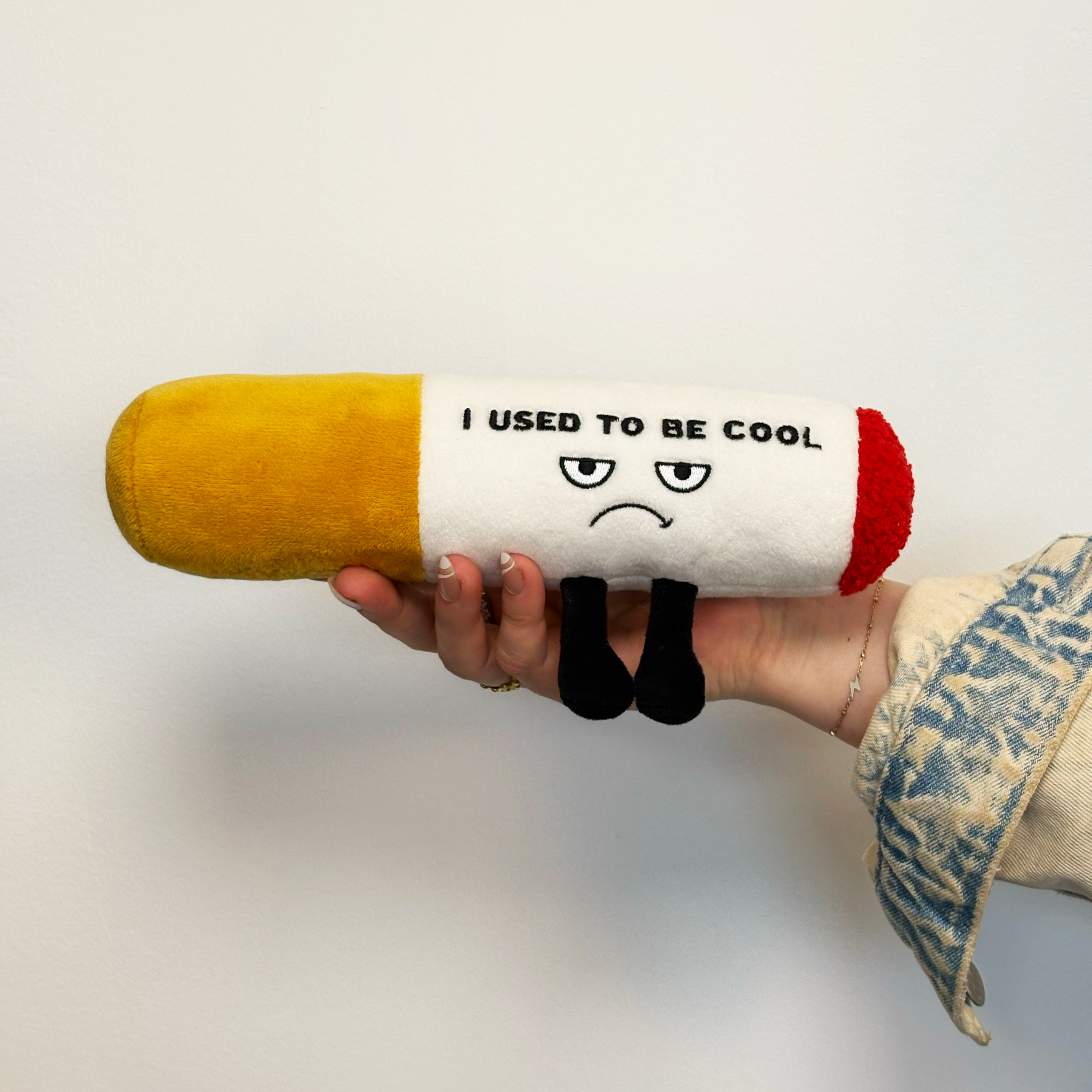 Hand holding a plush cigarette with an upset face expression and the text 'I USED TO BE COOL' on it.