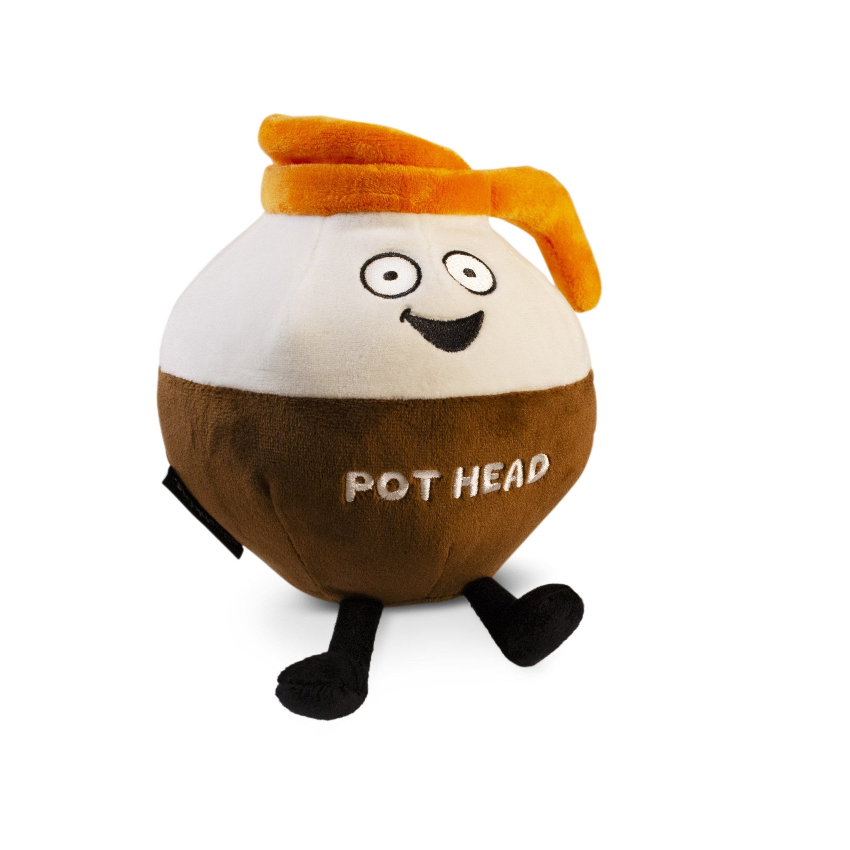 A plush designed to resemble a coffee pot with a smiling face and the text 'POT HEAD' on it.