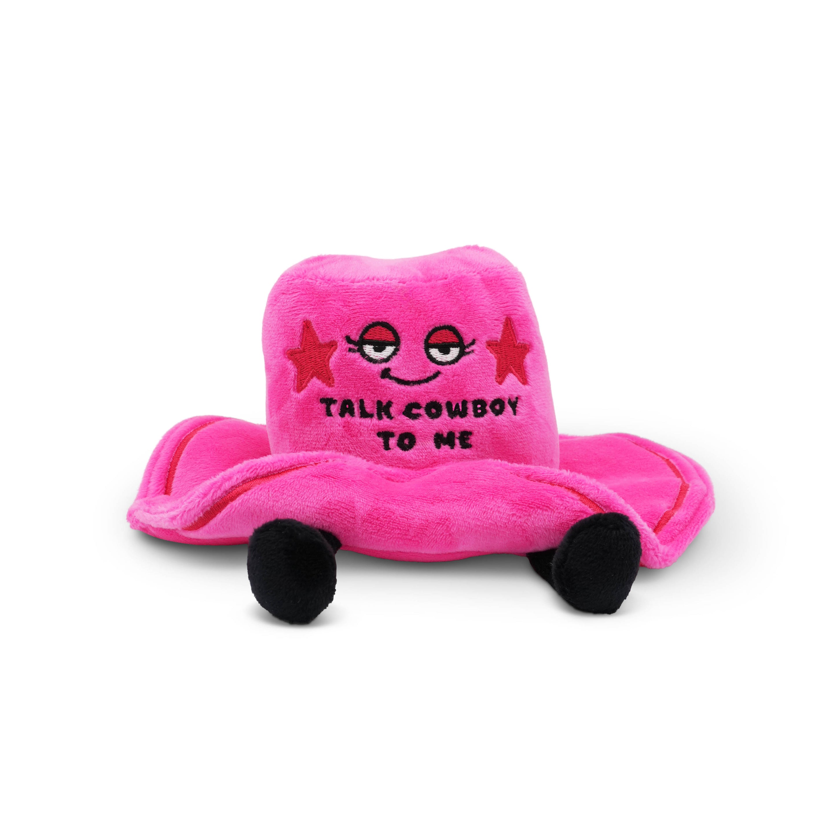 Pink plush cowboy hat with the phrase "talk cowboy to me" on a white background. 