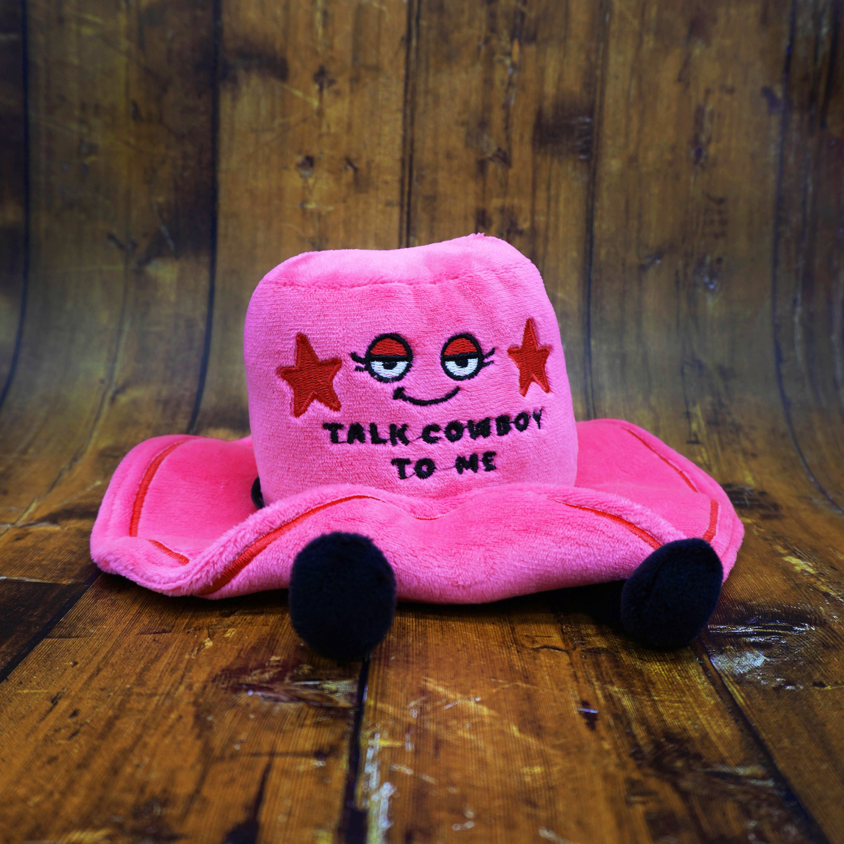 Pink plush cowboy hat with the phrase "talk cowboy to me" on wooden surface. 