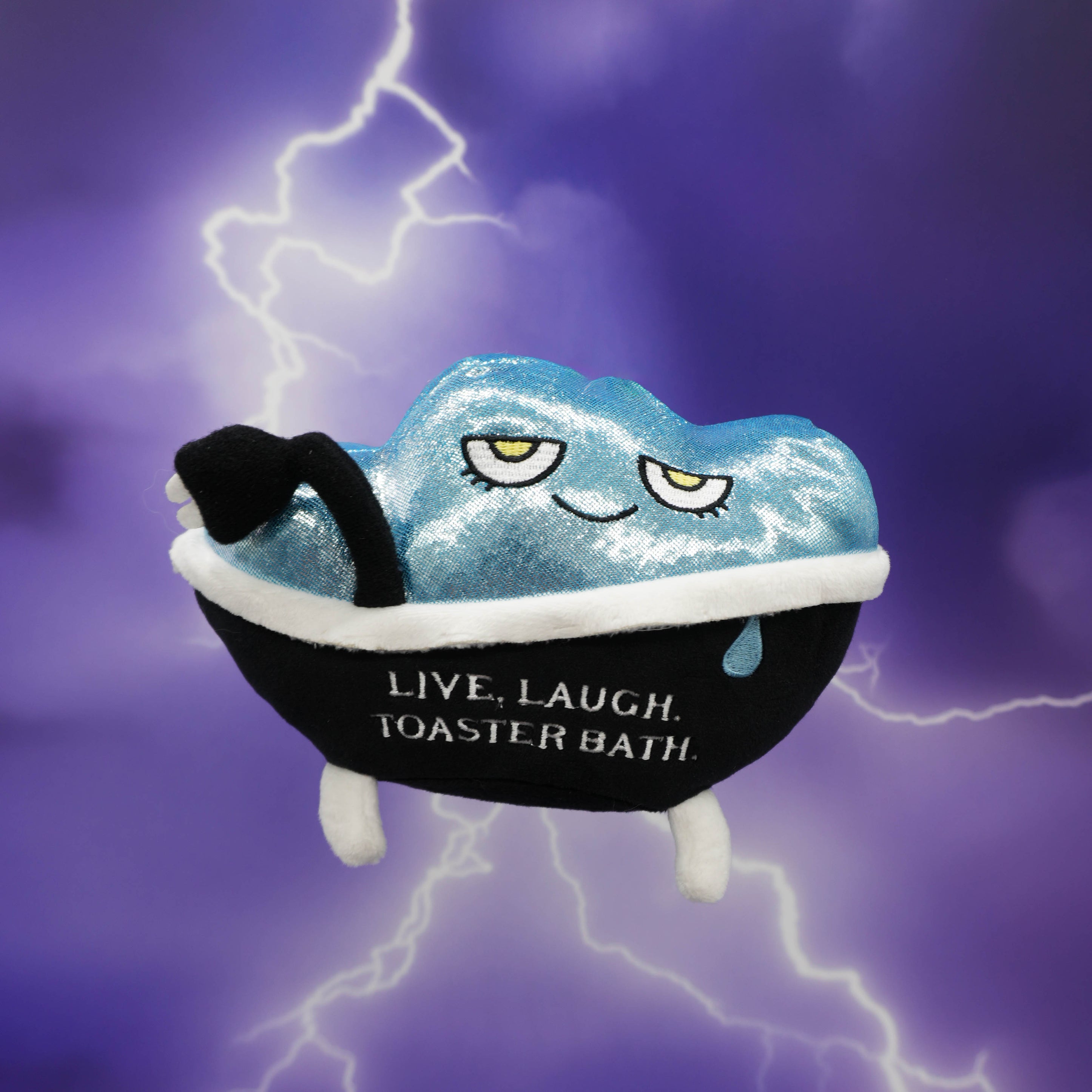 Plush toy resembling a toaster in a bathtub, surrounded by lightning on a purple background.