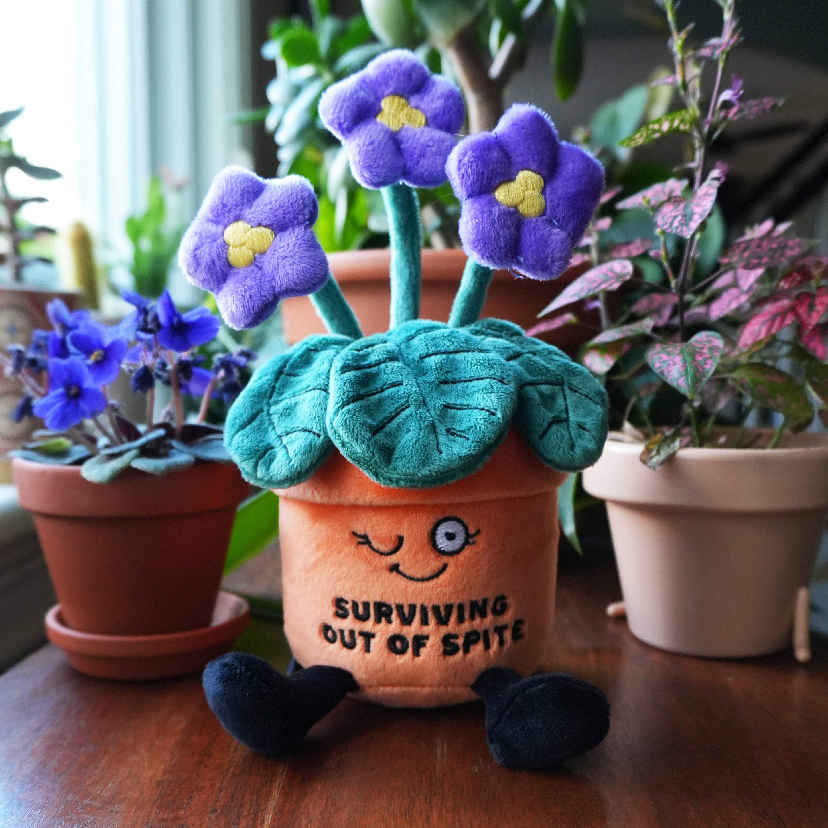 Plush toy flower pot with face and text 'Surviving Out of Spite' in a room with plants.