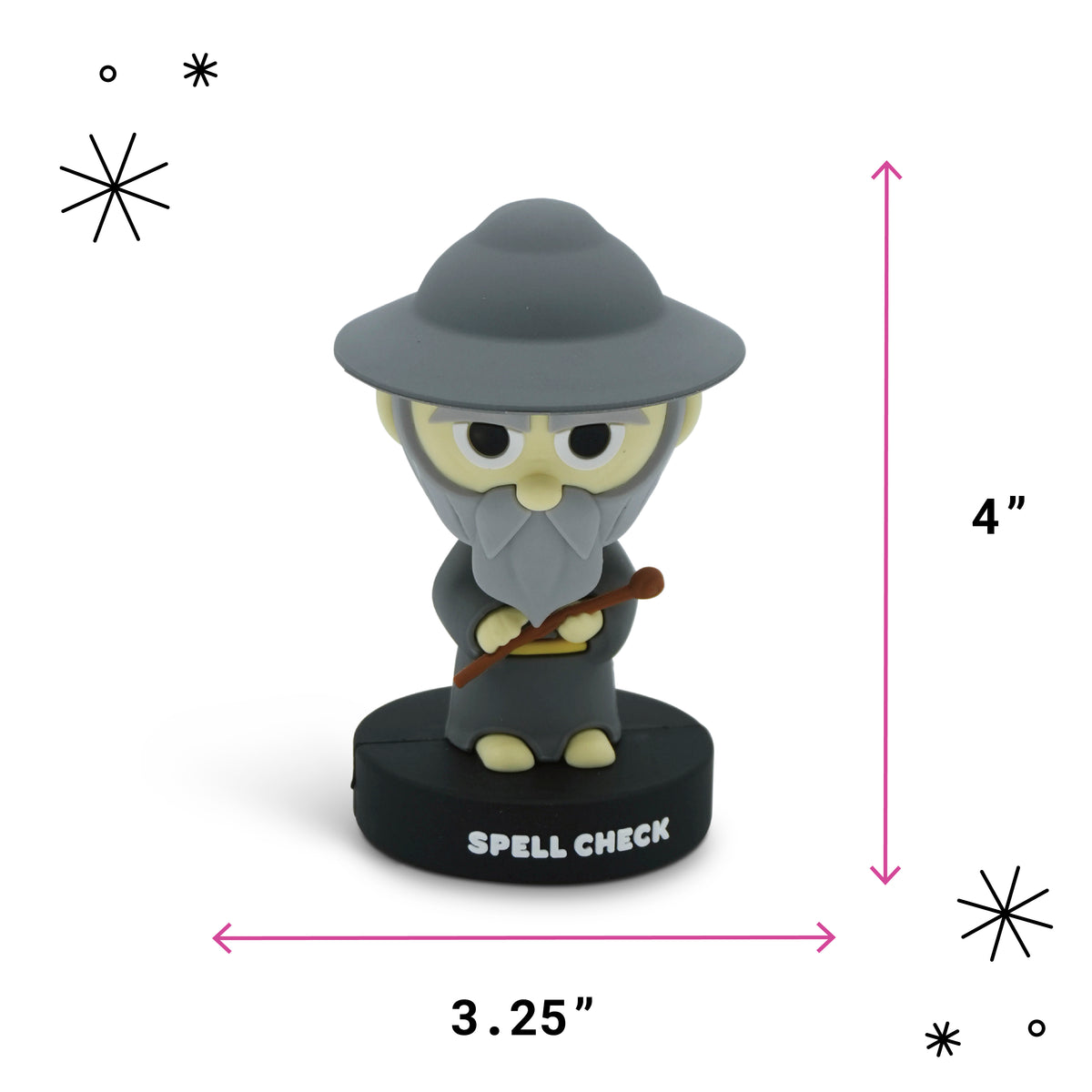A small figurine of a wizard character on a black base labeled 'SPELL CHECK,' shown with pink dimension arrows and text indicating 4 inches tall and 3.25 inches wide on a white background.
