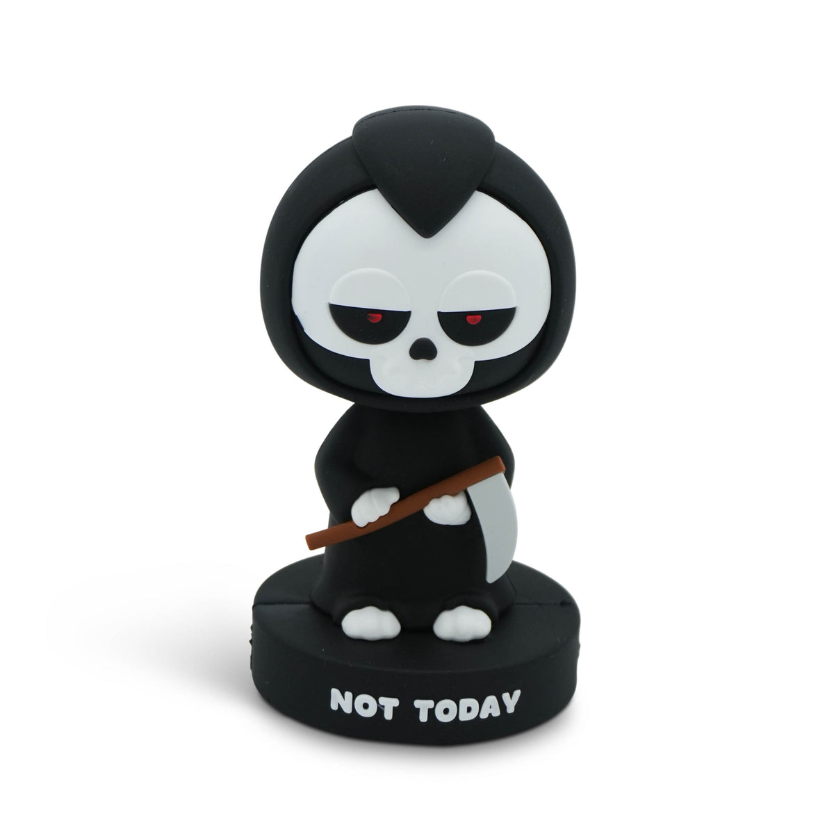 A small grim reaper bobblehead figurine with a black hood, white skull face, red eyes, and a gray scythe, standing on a black base that reads 'NOT TODAY'.
