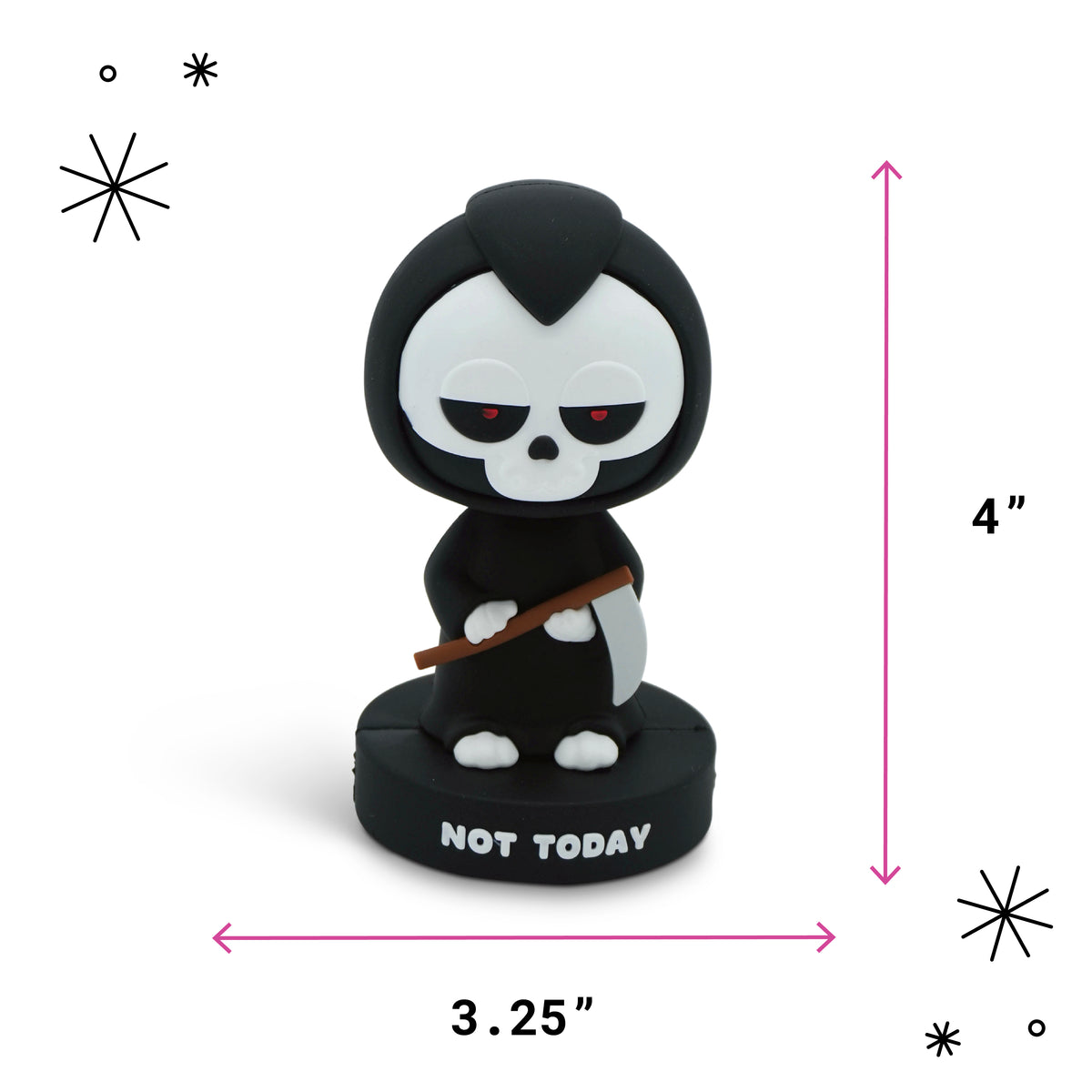 A small black and white grim reaper figurine holding a scythe, shown with pink dimension arrows and labels indicating 4 inches tall and 3.25 inches wide on a white background.