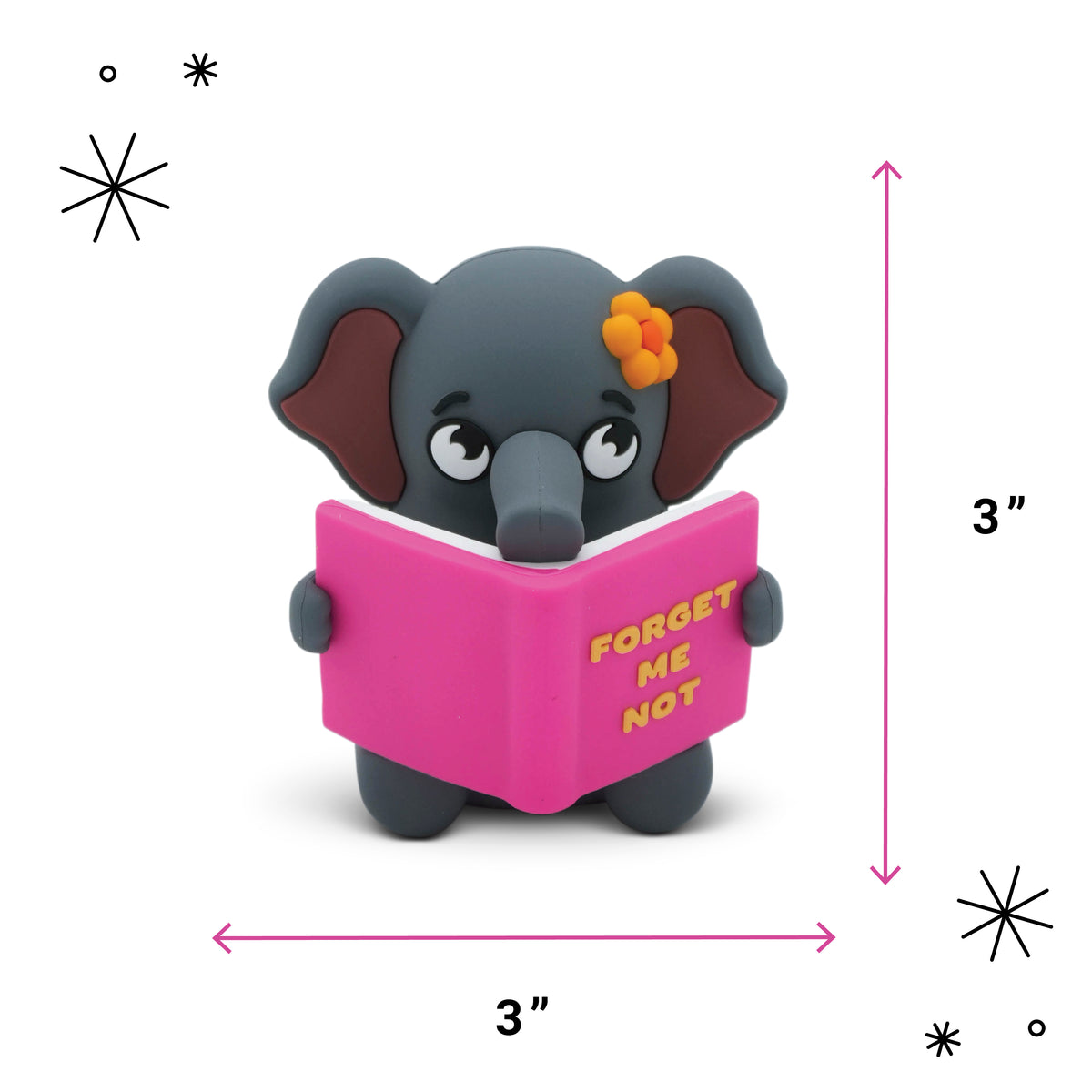 A cute elephant figurine holding a bright pink book with the words 'FORGET ME NOT' in yellow. Pink arrows indicate the figure is 3 inches tall.