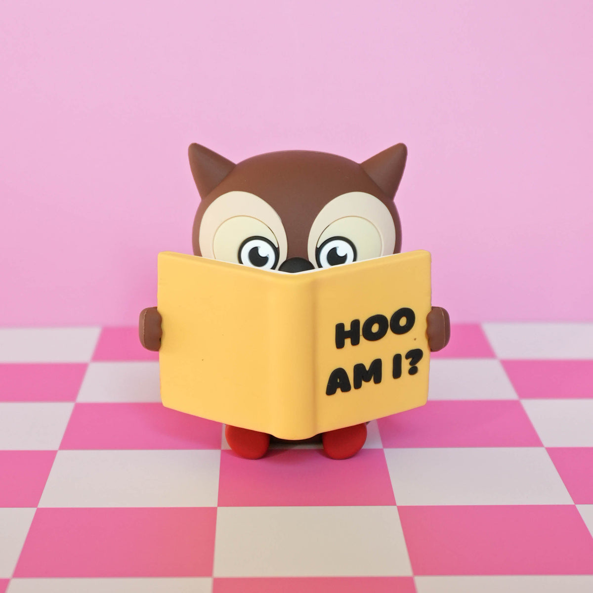 A small cartoon owl figurine peeking from behind a yellow book that says 'HOO AM I?' in black letters. The owl has brown and cream coloring with red feet, set against a pink and white checkered floor and pink background.