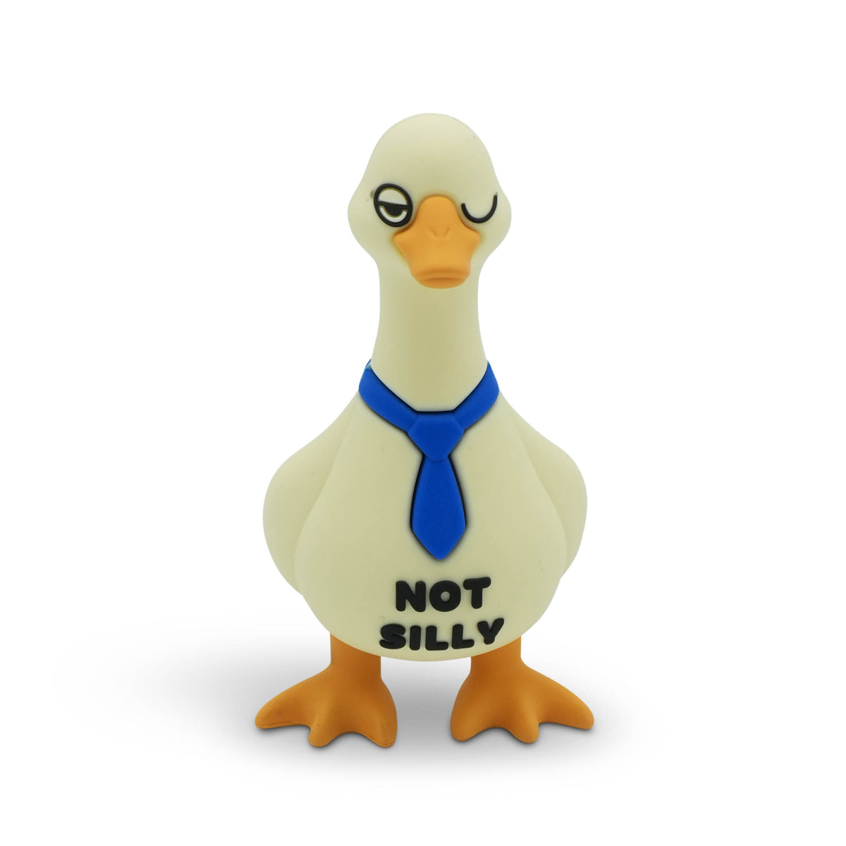 A small goose-shaped novelty figure with a cream body, orange beak and feet, and a blue tie, standing against a plain white background. The front reads 'NOT SILLY' in black text.