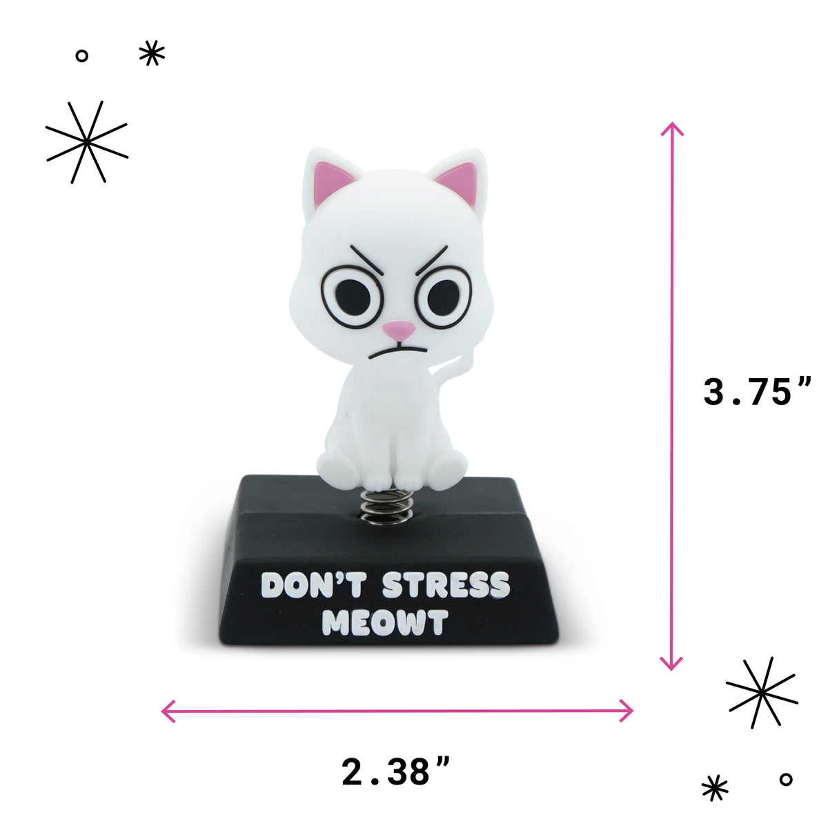 A white cartoon cat figurine with an angry expression sitting on a black rectangular base that reads “DON'T STRESS MEOWT,” shown with pink dimension arrows indicating 3.75 inches tall and 2.38 wide.