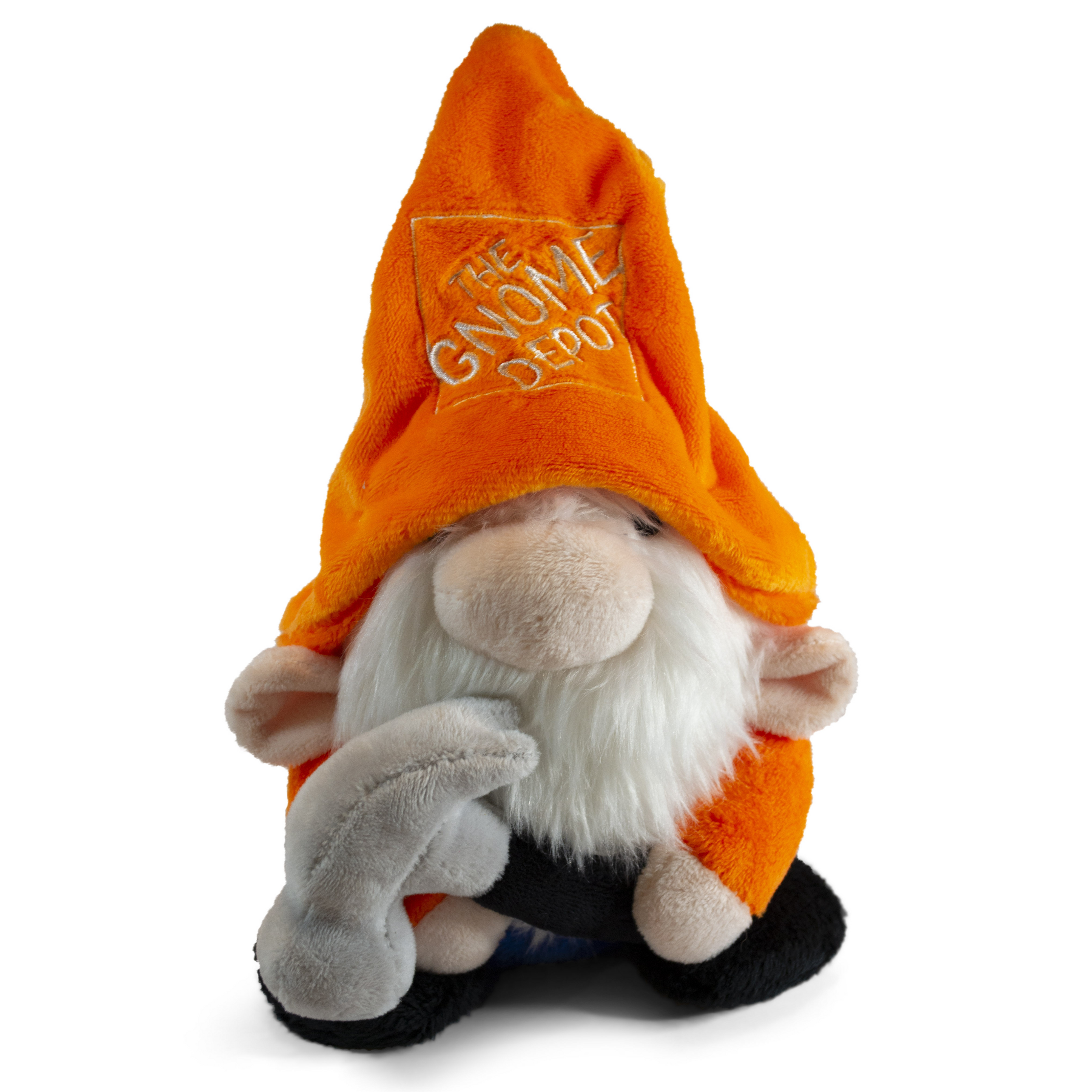 A plush gnome with a white beard wearing an orange pointy hat with 'The Gnome Depot' written on it on a white background.