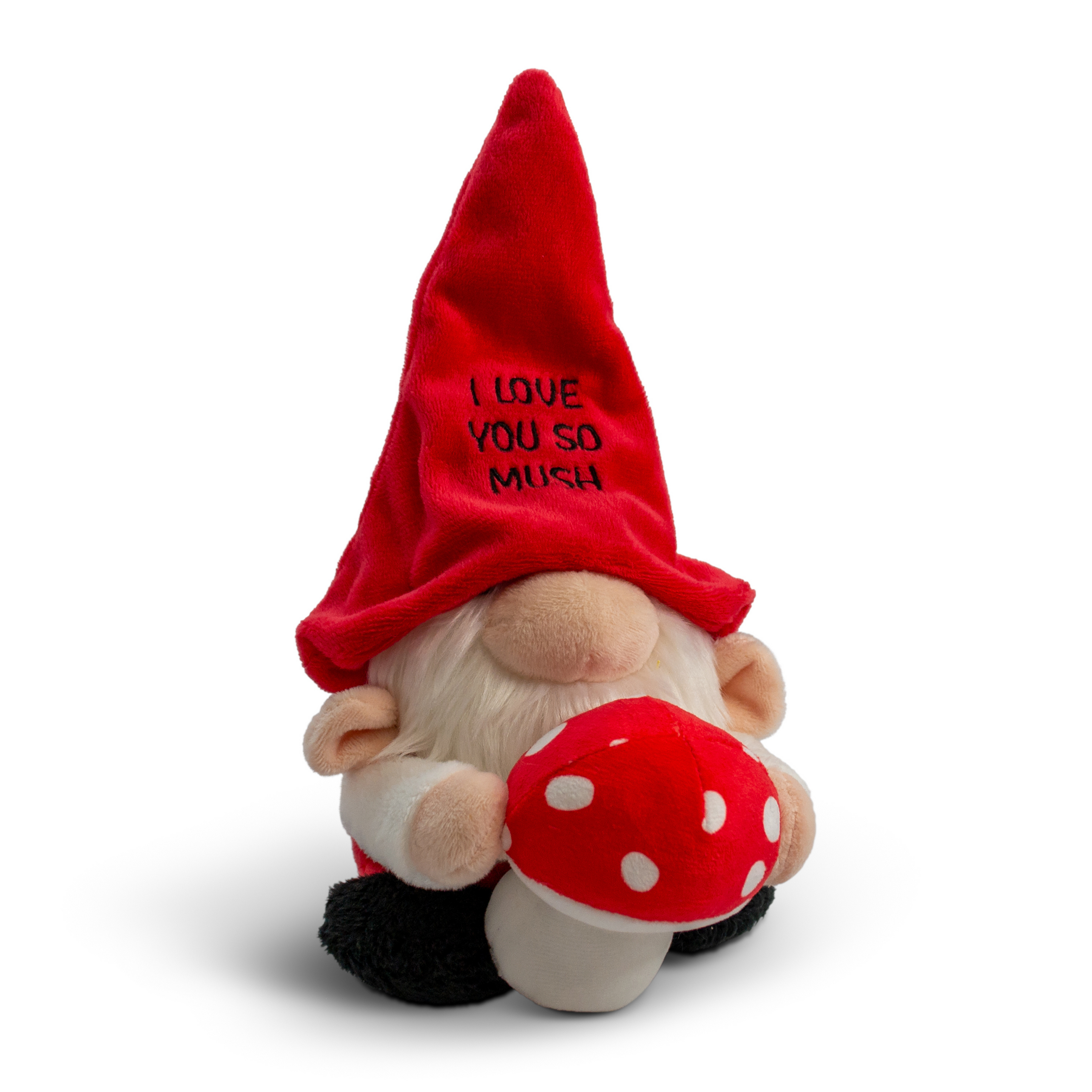 A plush gnome with a red hat with 'I love you so much' text written on it is holding a 3D mushroom. It's placed on a white background.