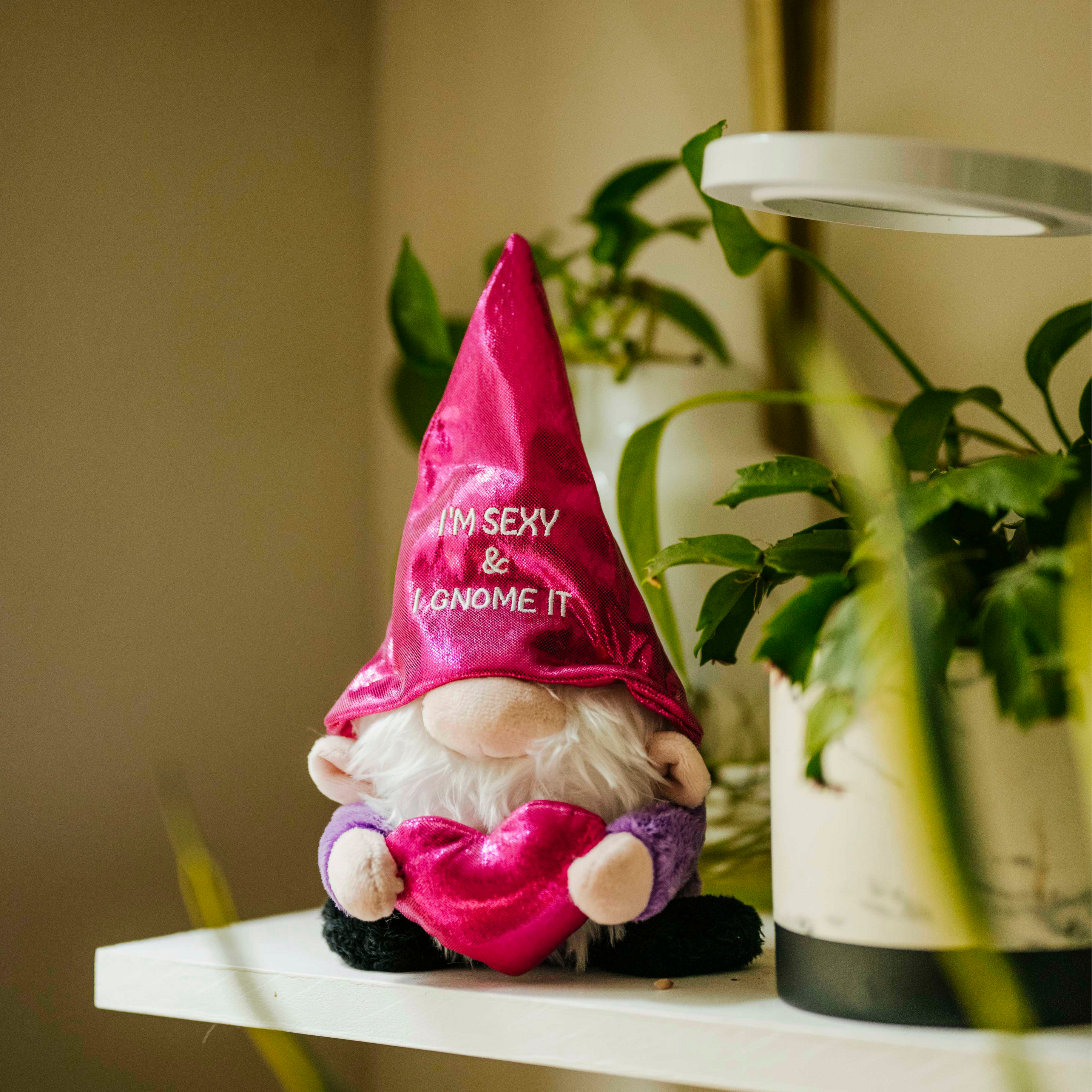A plush gnome with a shiny pink hat that says 'I'm Sexy and I Gnome It' on it, sitting on a shelf with plants in the background.