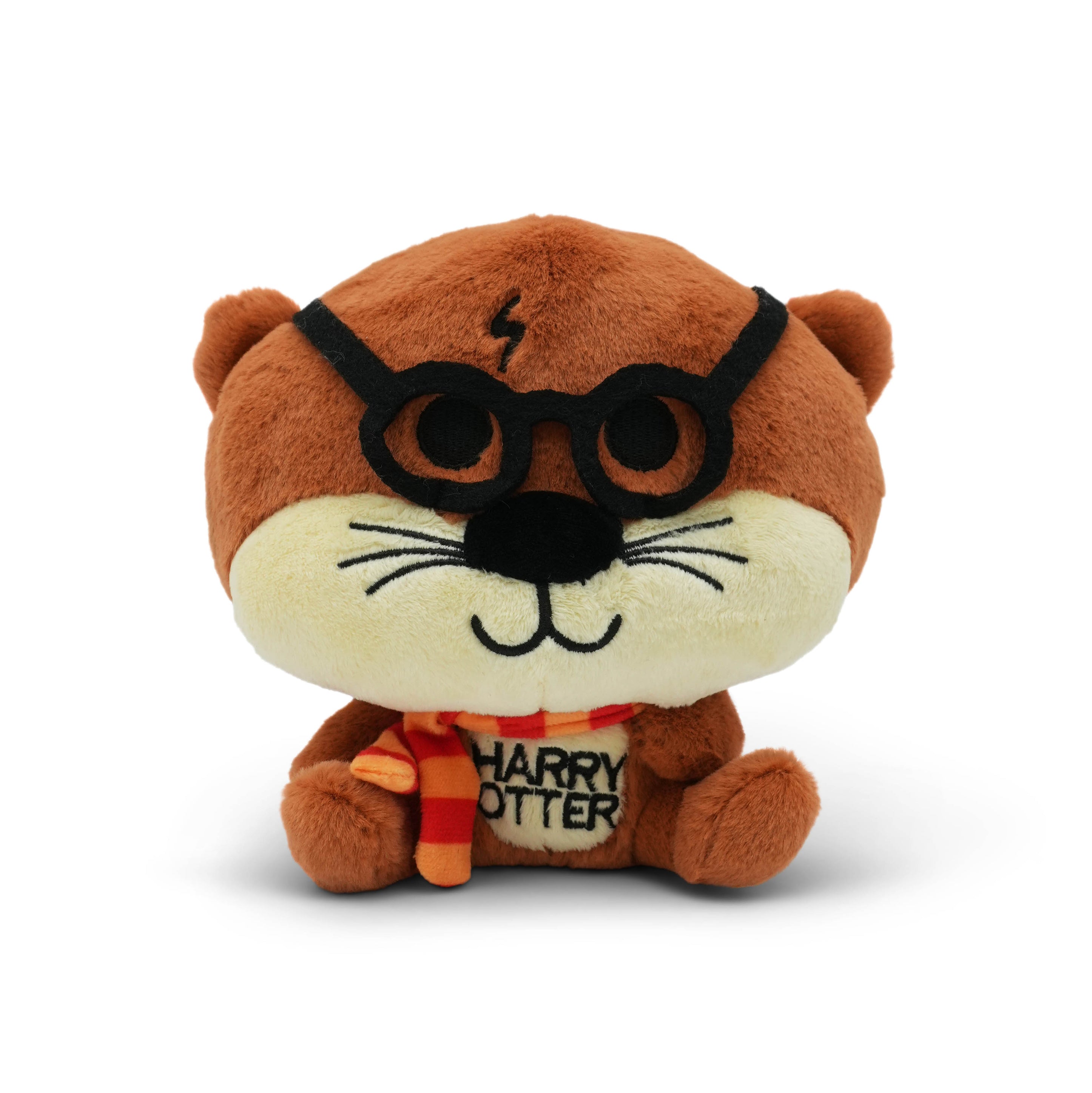 Plush toy of an otter resembling a character from Harry Potter with glasses and a scarf on a white background