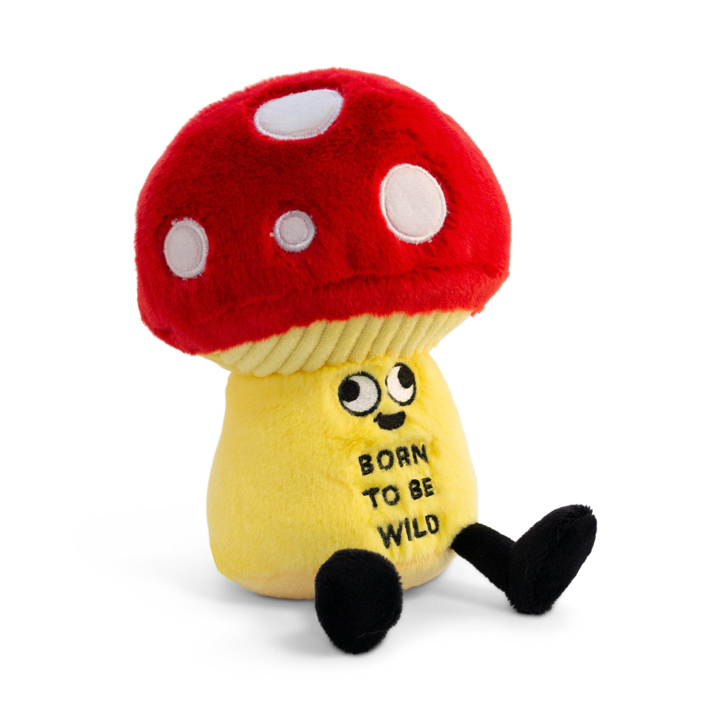 A plush shaped like a red and yellow mushroom with a face and text on the stem that says 'born to be wild'.