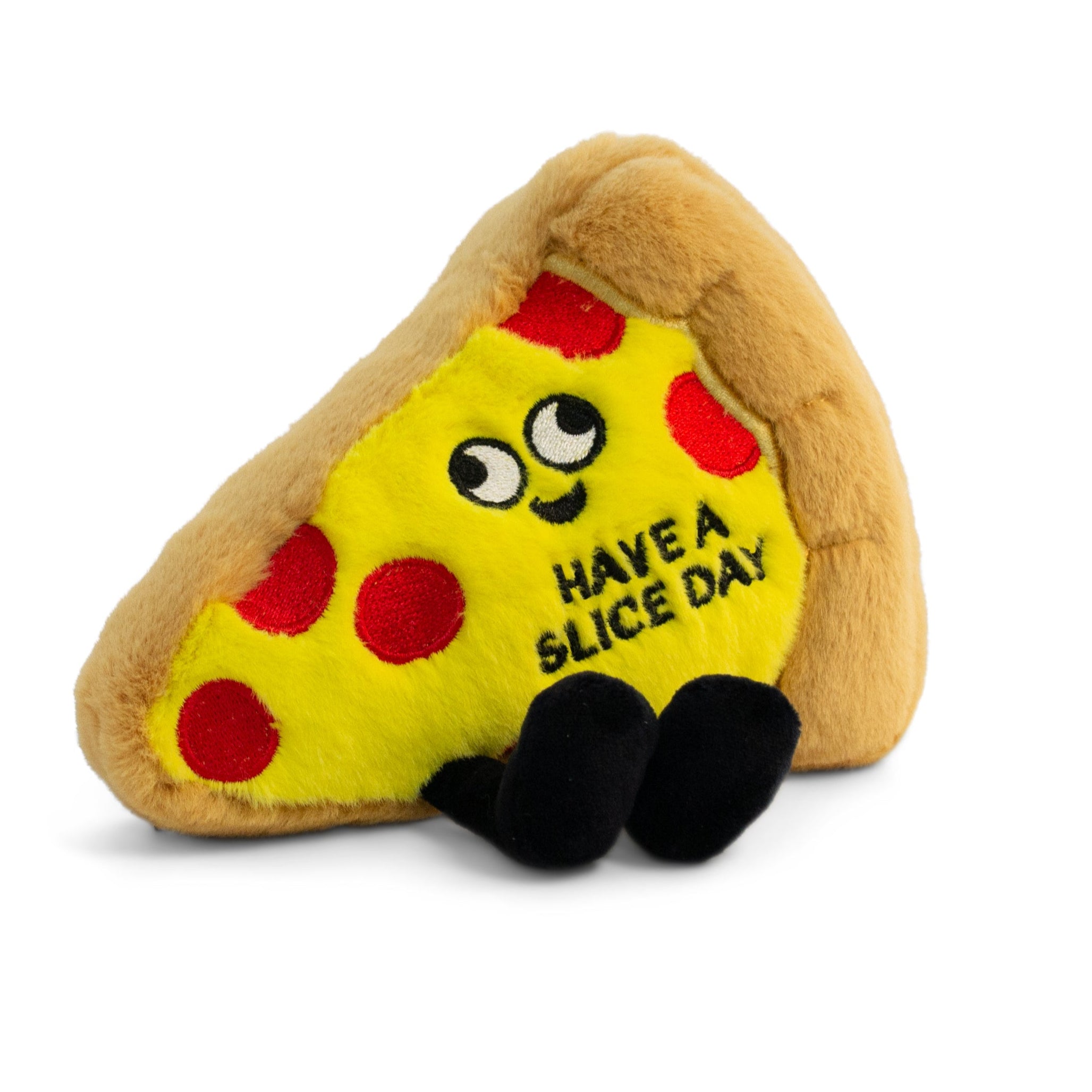 A plush in the shape of a slice of pepperoni pizza with a smiling face and the phrase 'HAVE A SLICE DAY' written on it.
