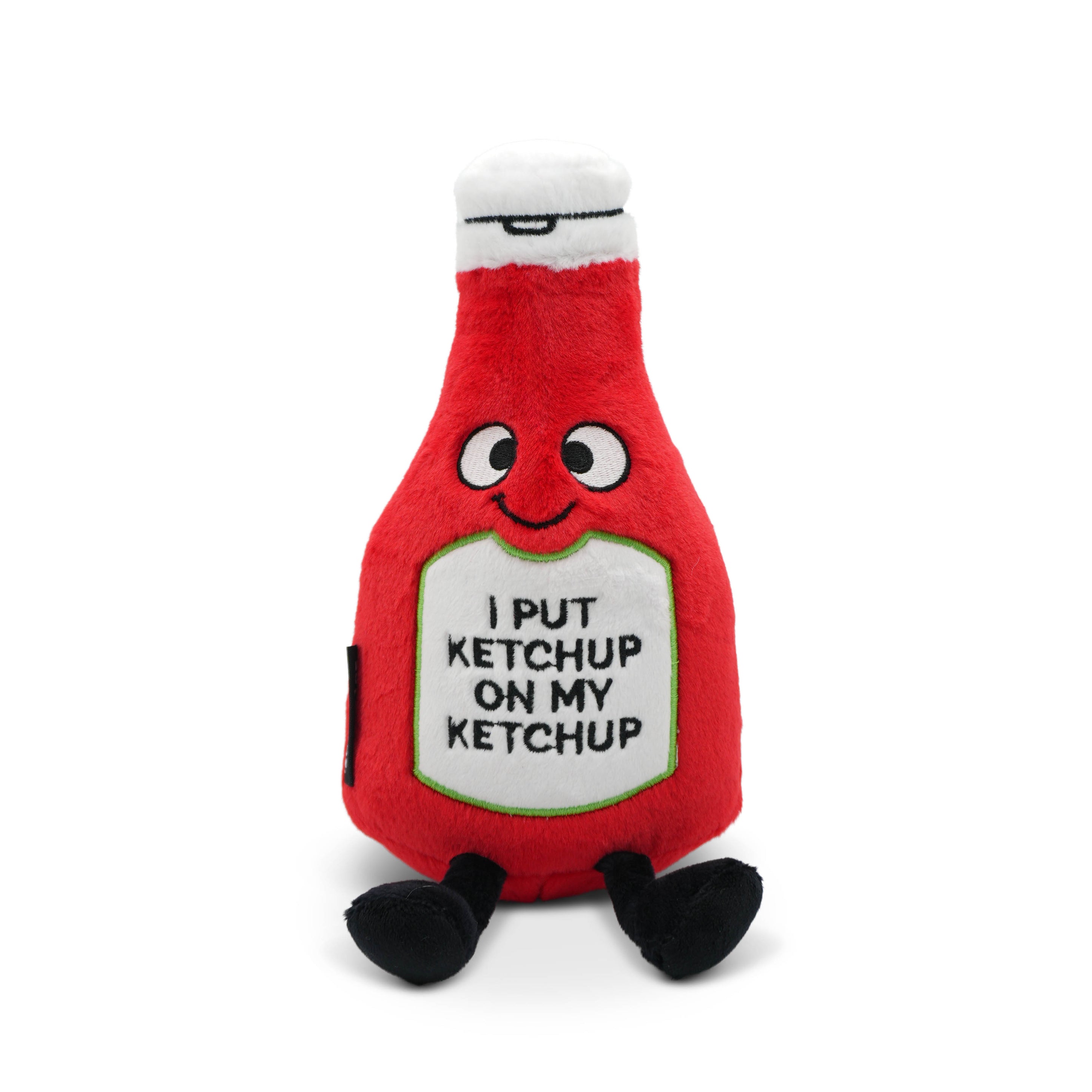 Red plush ketchup bottle with a humorous message on a white background