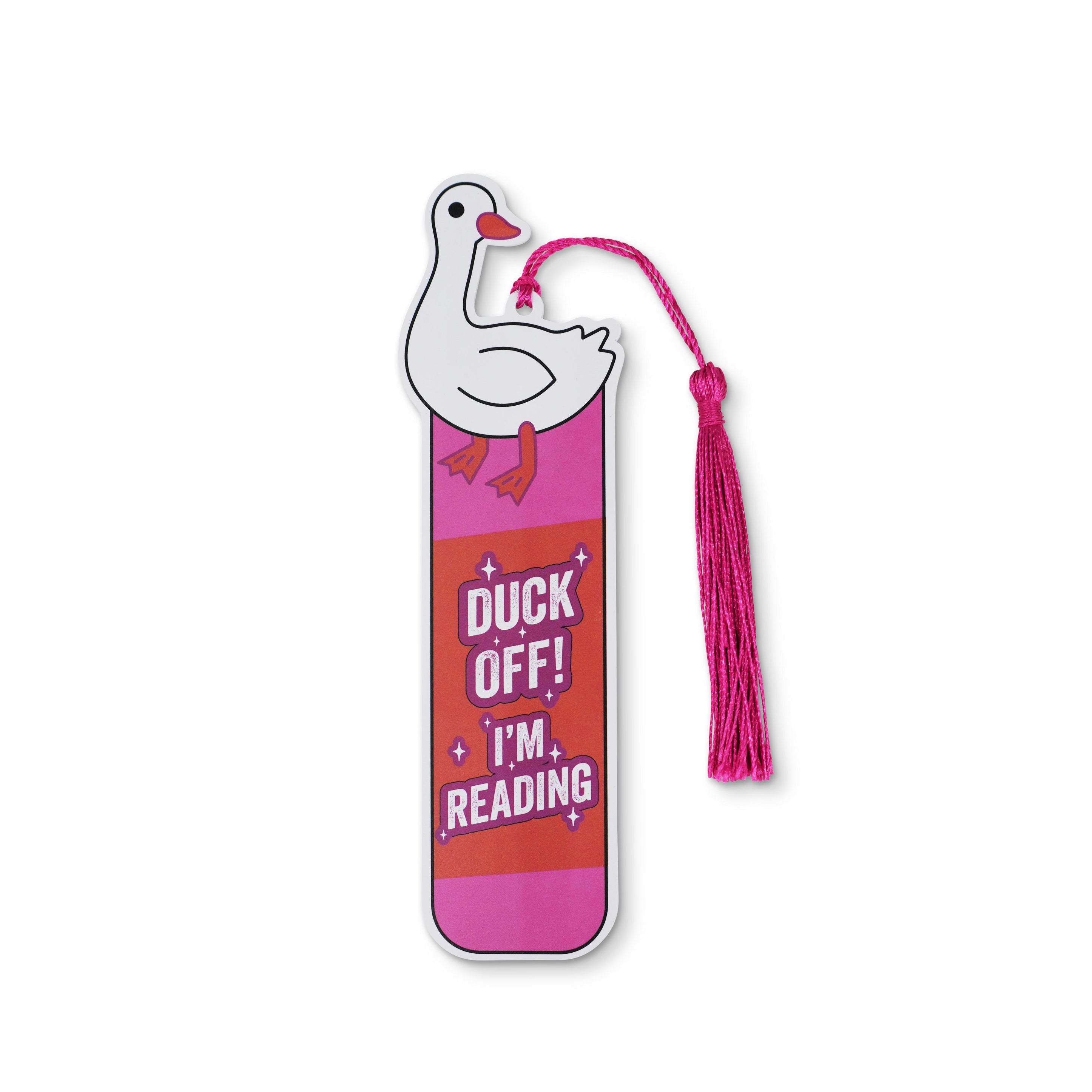 Bookmark with a duck design and 'duck off! I'm reading' text on a white background