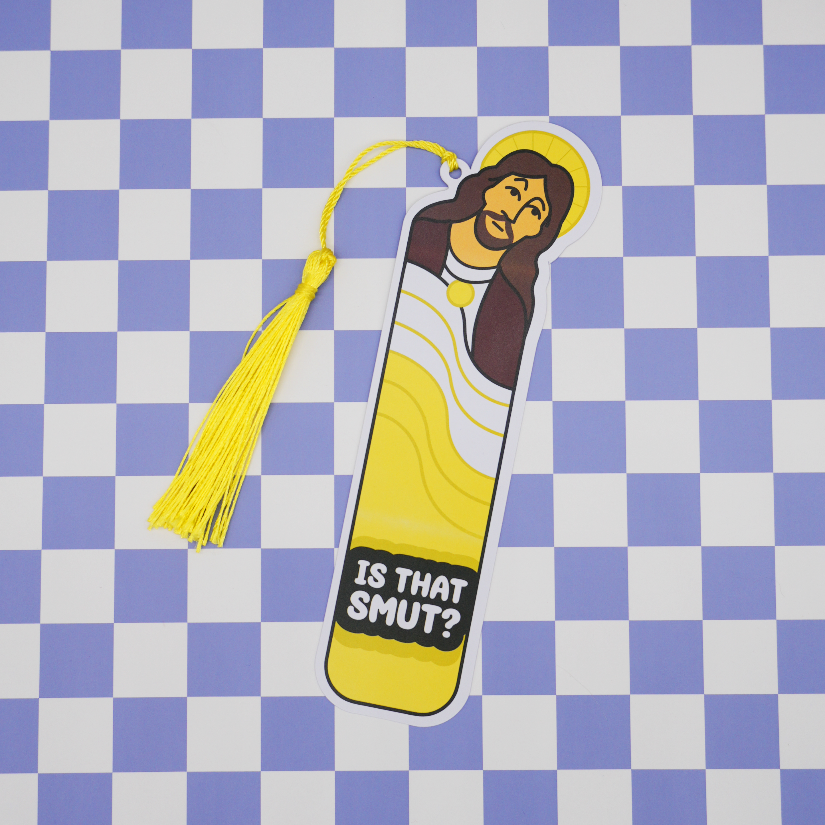 Bookmark with Jesus illustration and 'Is That Smut?' text on a checkered background