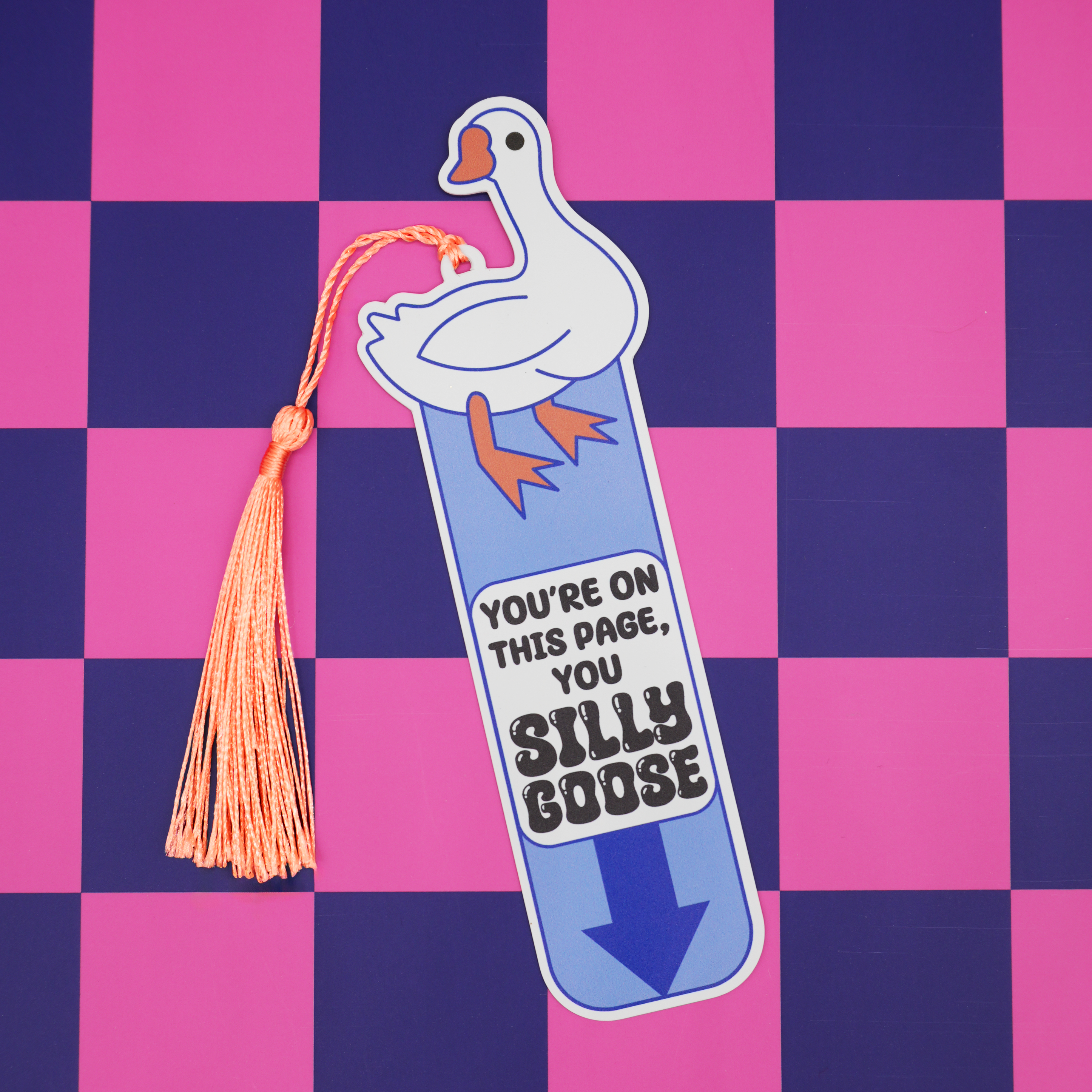 Bookmark with a cartoon goose design on a checkered pink and purple background