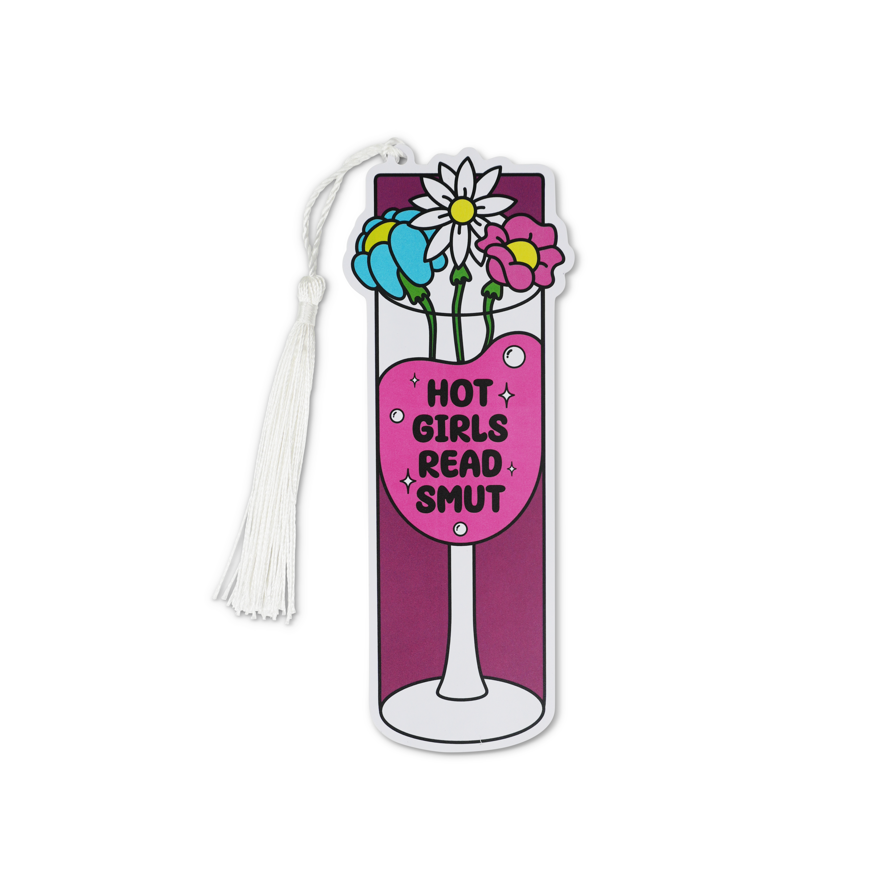 Bookmark with floral design, a wine glass, and text 'Hot Girls Read Smut' on a white background