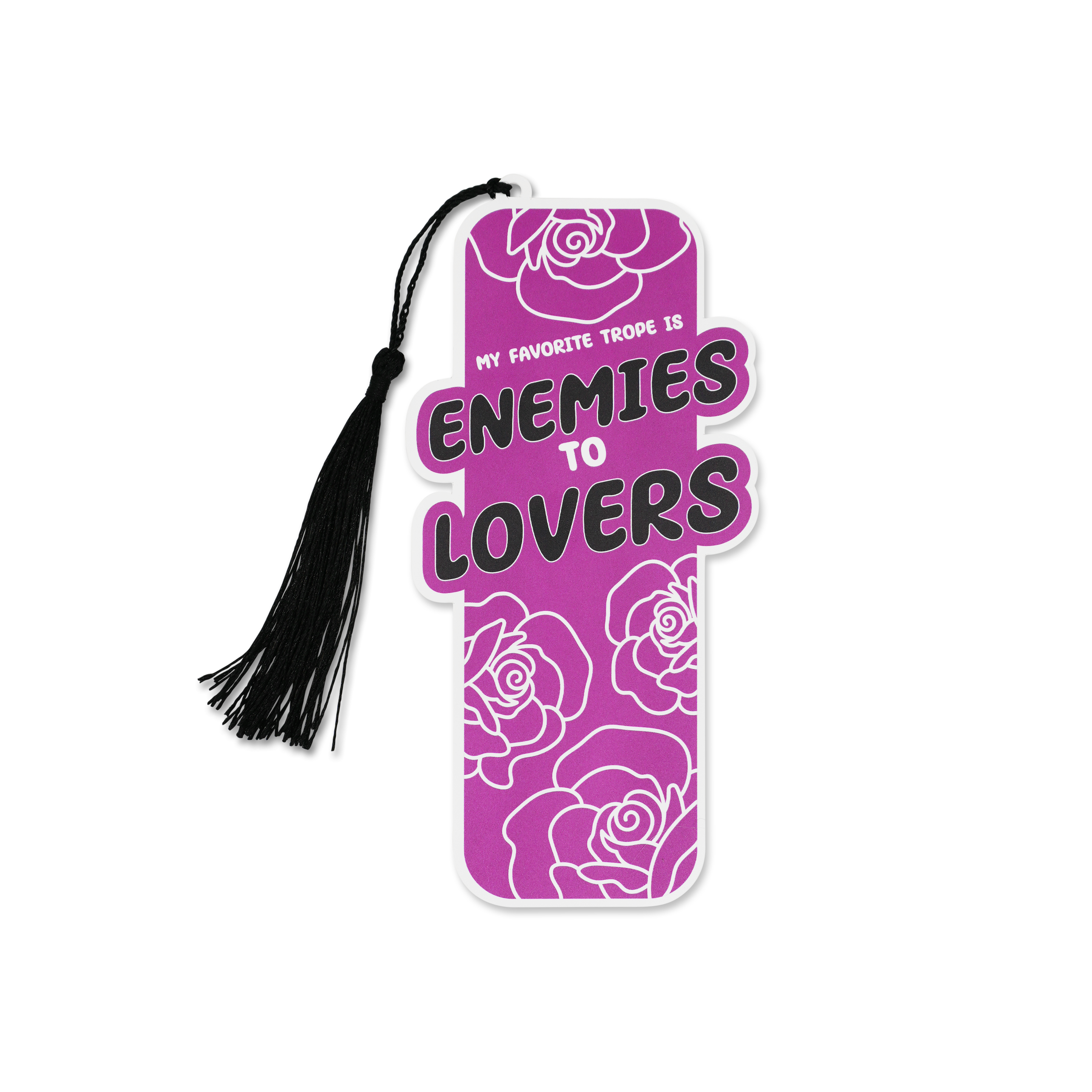 Purple bookmark with rose designs and 'enemies to lovers' text on a white background