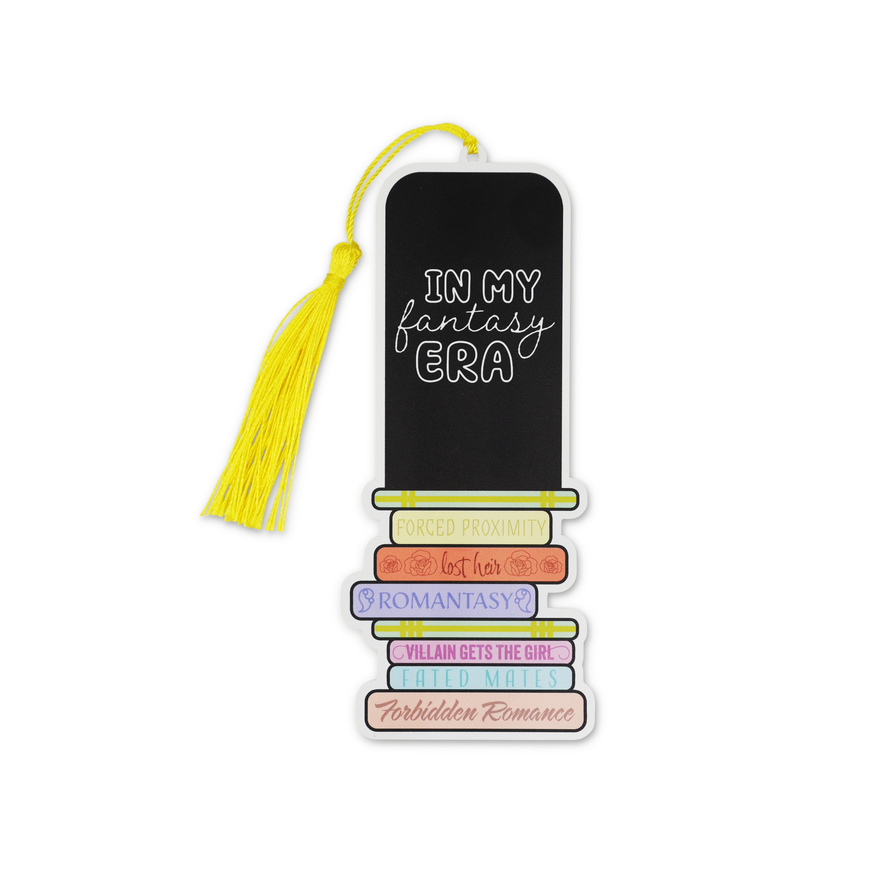 Bookmark with tassel and romantasy tropes on it on a white background