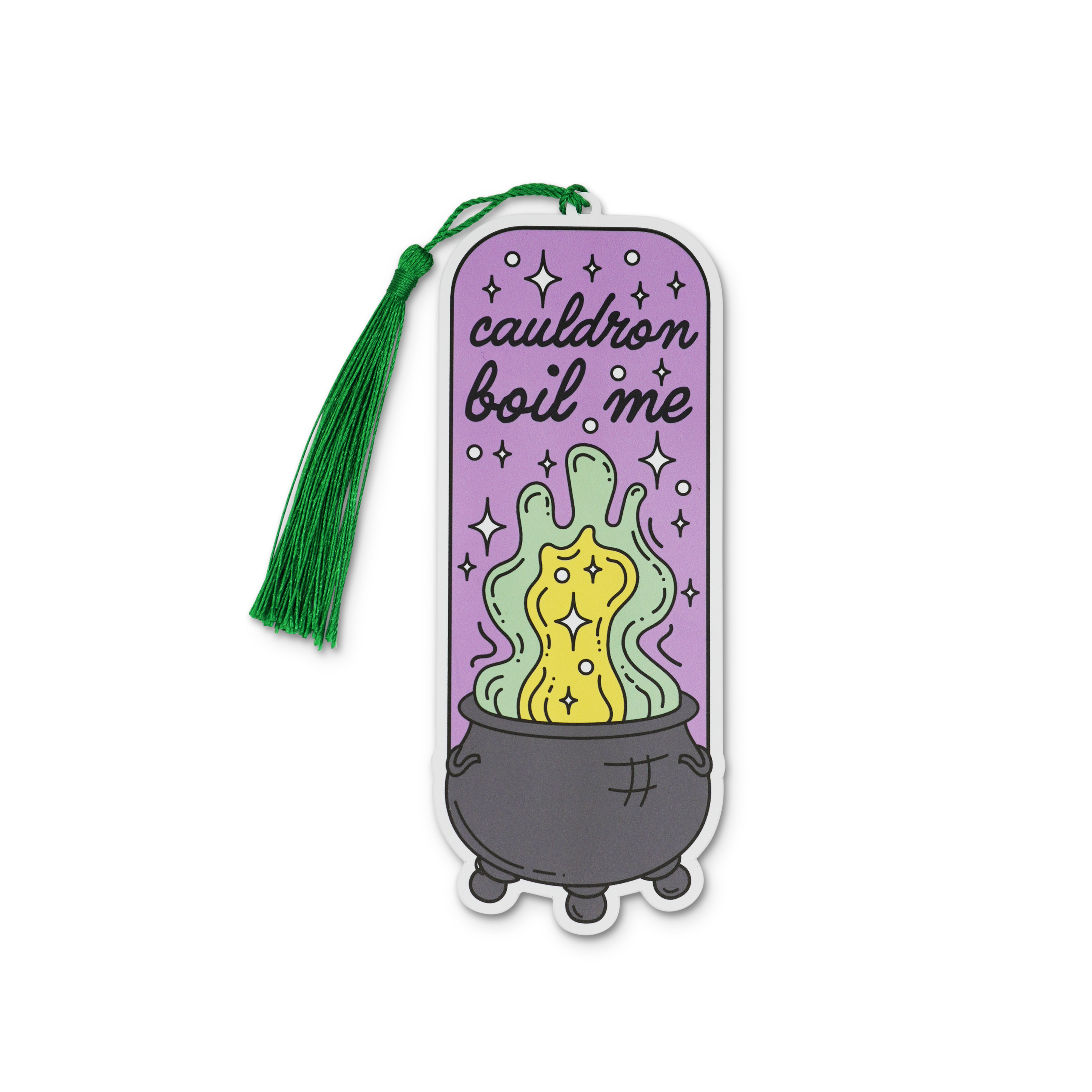 Bookmark with 'cauldron boil me' text on a purple background with a green tassel.