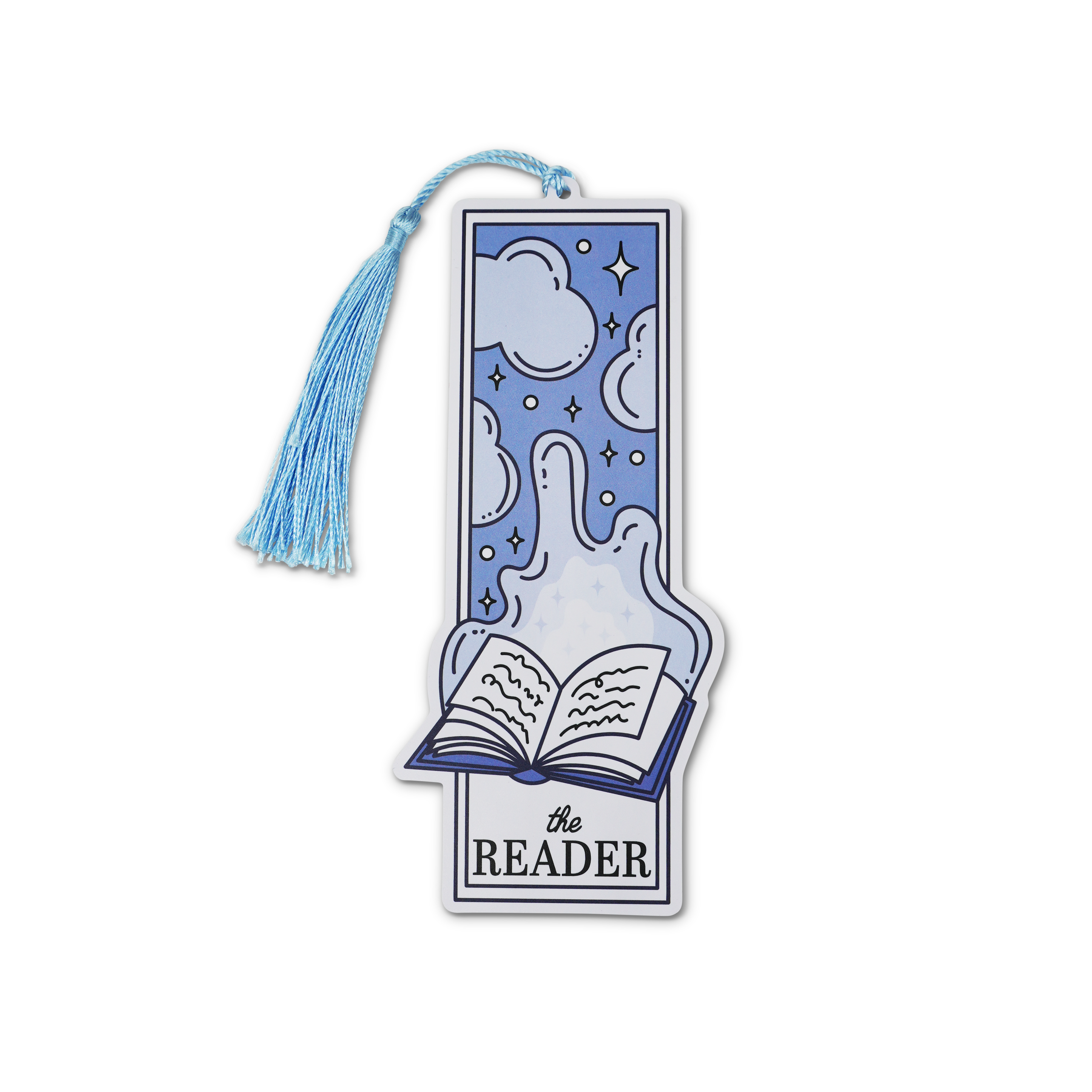 The reader bookmark with tassel featuring an open book design on a white background