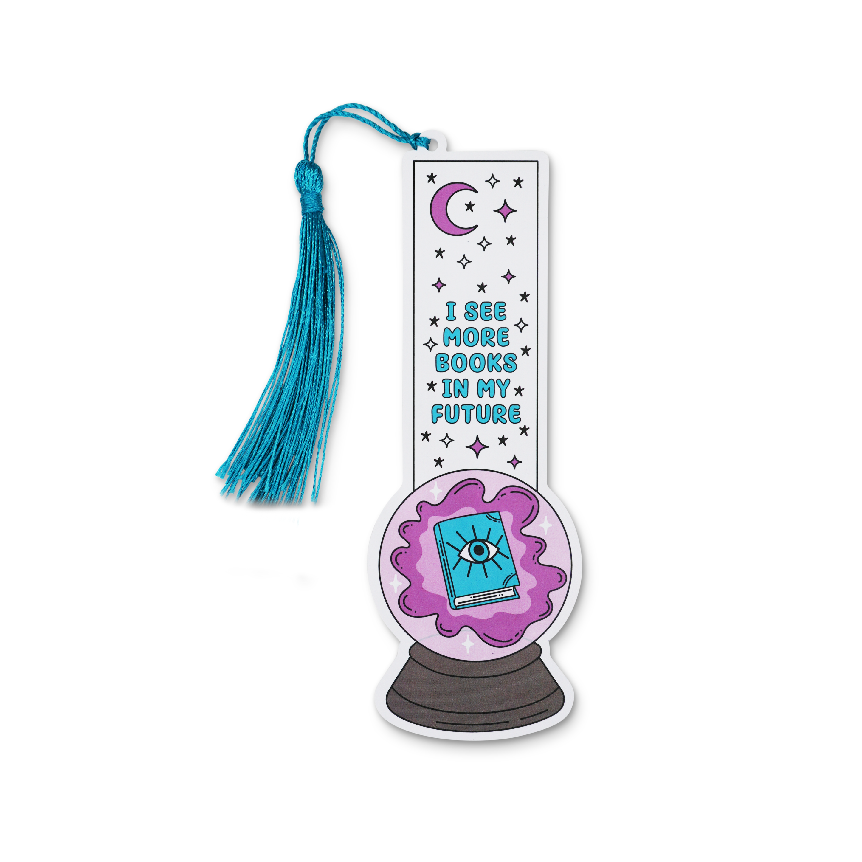 Bookmark with tarot card design and text 'I see more books in my future,' featuring a crystal ball design and text on a white background